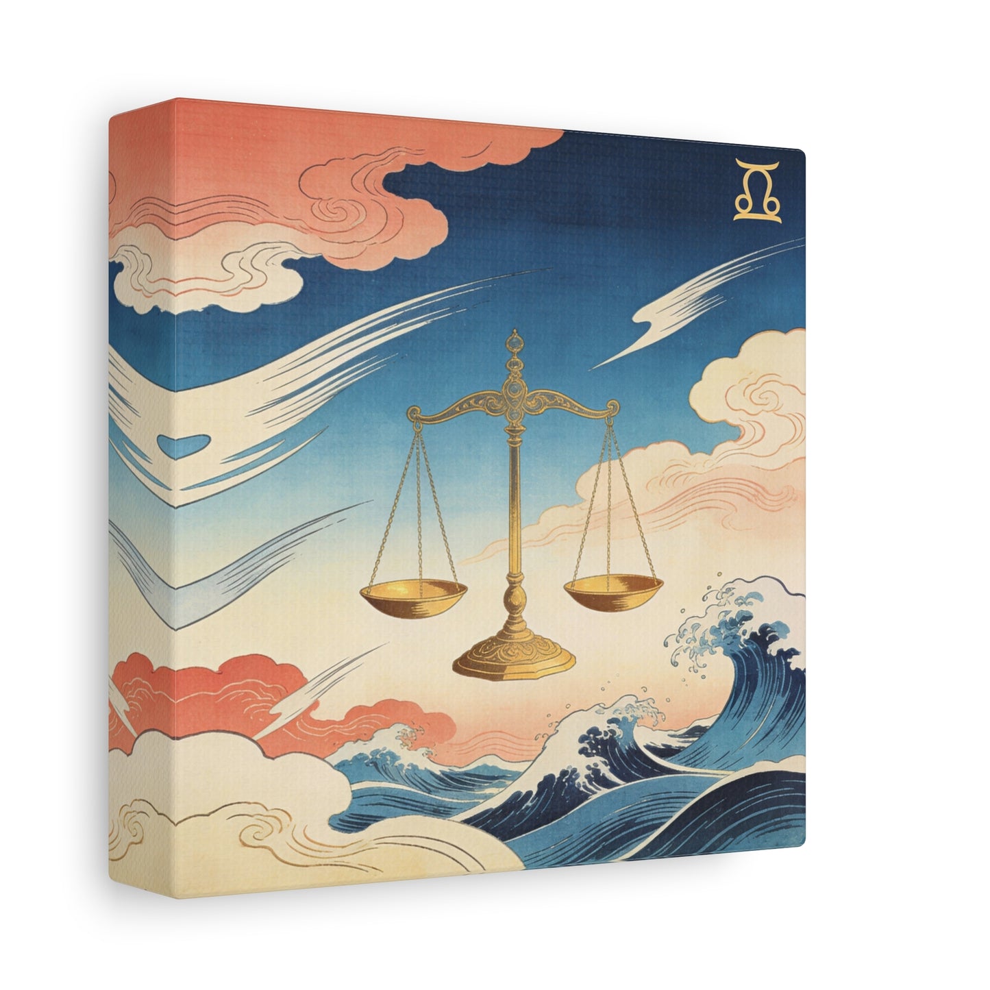 Libra Zodiac Canvas Wall Decor - Vintage Japanese Wave Scales Illustration - Celestial Astrology Print, Gold Balance Symbol, Traditional Style, Bedroom Home Decoration - Living Room Wall Decor