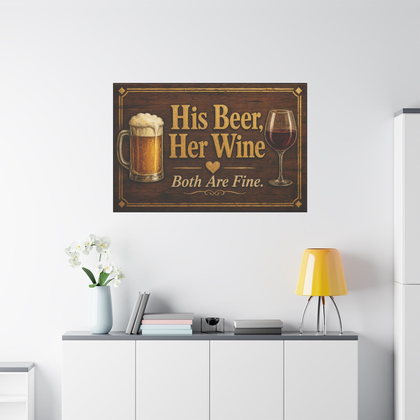 "His Beer, Her Wine Both Are Fine." Canvas Wall Art - Rustic Bar Sign, Beer Mug And Red Wine Glass Quote Print - Vintage Brown Wood Look Typography - Pub Wall Art - Cocktail Lounge Decor