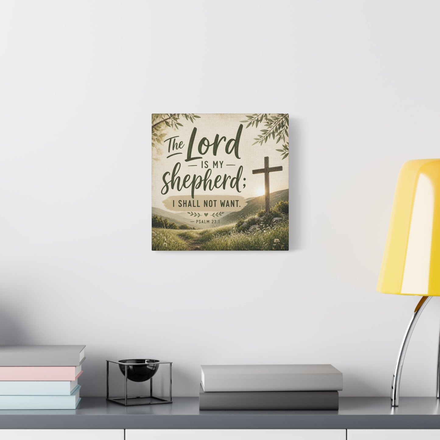 "The Lord Is My Shepherd, I Shall Not Want. - Psalm 23:1" Christian Canvas Wall Art - Rustic Cross Meadow Landscape, Farmhouse Scripture Decor, Bedroom Living Room Wall Hanging - Ready to Hang