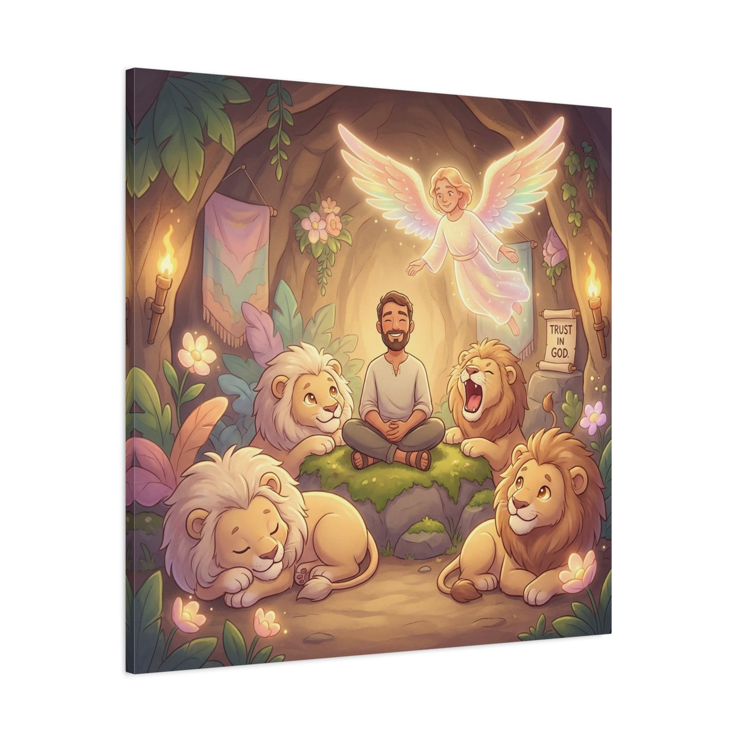 "Trust In God" Christian Canvas Wall Art - Angel, Man With Lions Cave Scene - Pastel Nursery Decor, Matte Cotton Print - Kids Bedroom Wall Decor, Playroom Home Decoration - Ready to Hang