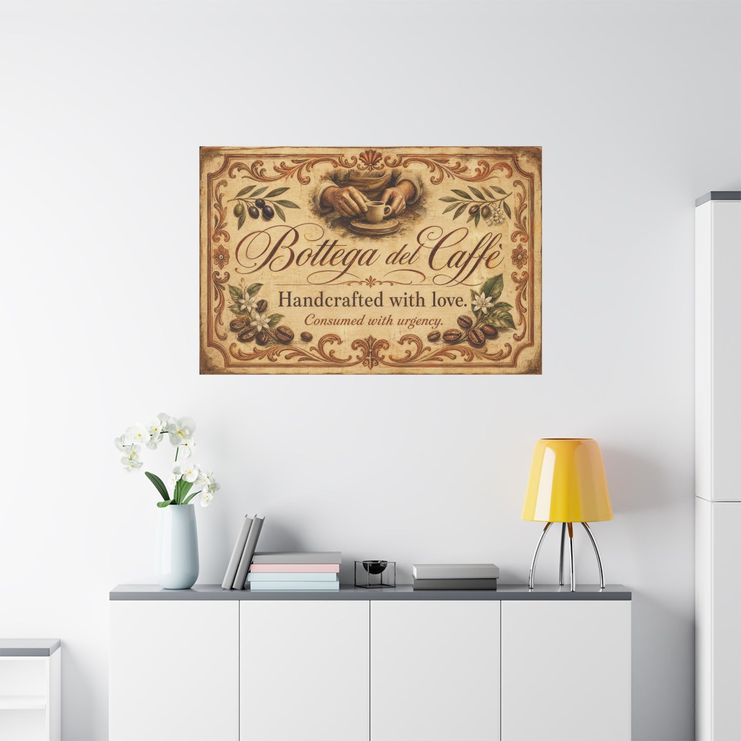 "Bottega del Caffe" Canvas Wall Art - Vintage Italian Coffee Quote Print, Olive Branches, Beans, Rustic Farmhouse Decor, Cafe Wall Hanging - Modern Farmhouse Style - Coffee Shop Decor - Ready to Hang