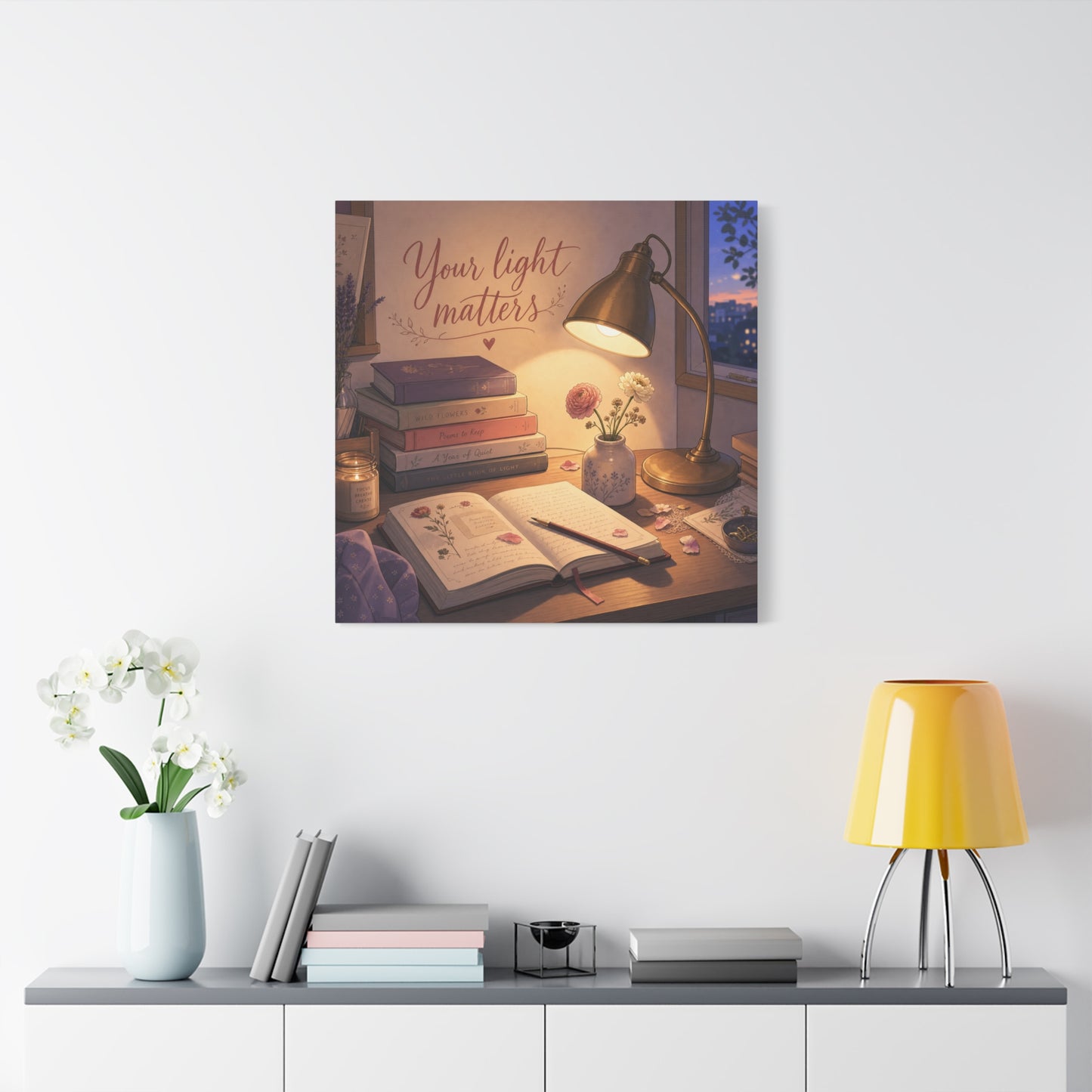 "Your Light Matters" Inspirational Canvas Wall Art - Cozy Desk Lamp Books Floral Print - Warm Vintage Bedroom Wall Decor - Reading Nook Home Decoration - Ready to Hang - Bedroom Home Decoration