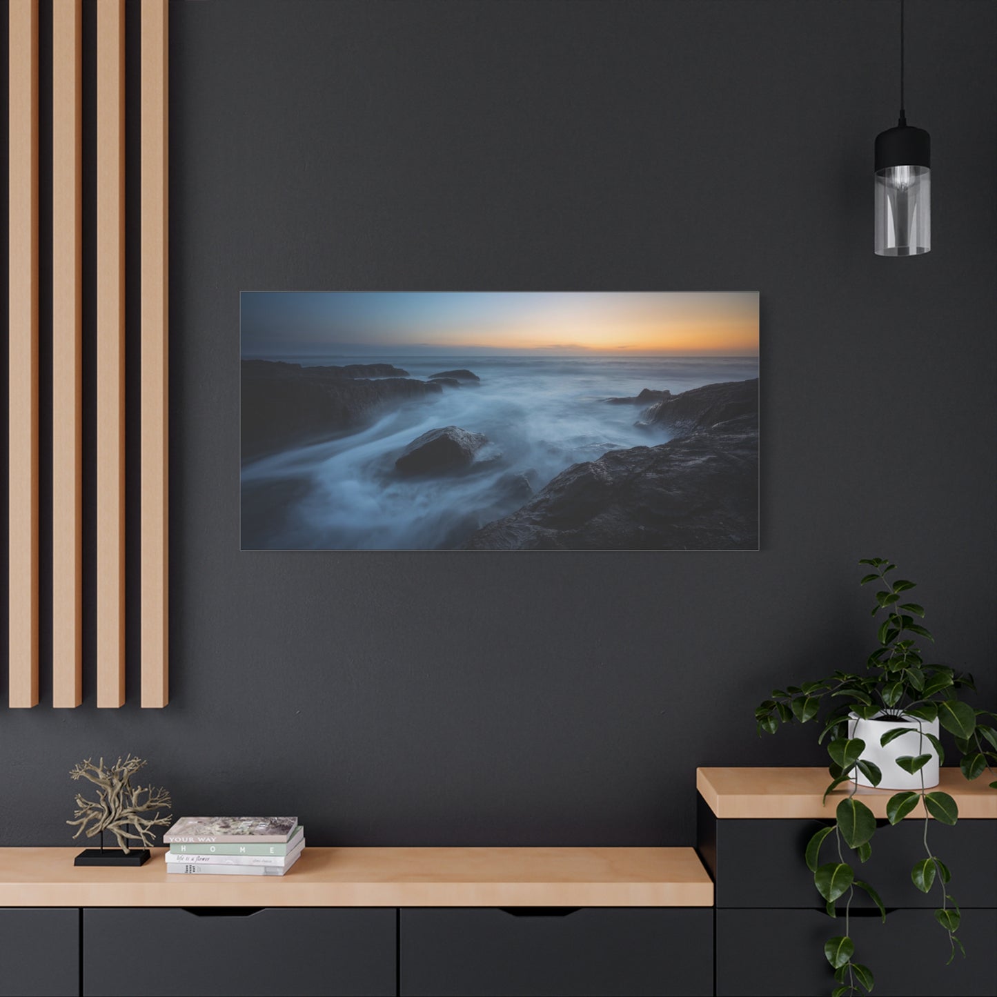 Rocky Ocean Seascape Canvas Wall Art - Long Exposure Coastal Sunset Art Print, Blue Water And Dark Stone Shoreline - Contemporary Matte Canvas Print - Living Room Bedroom Office Decor