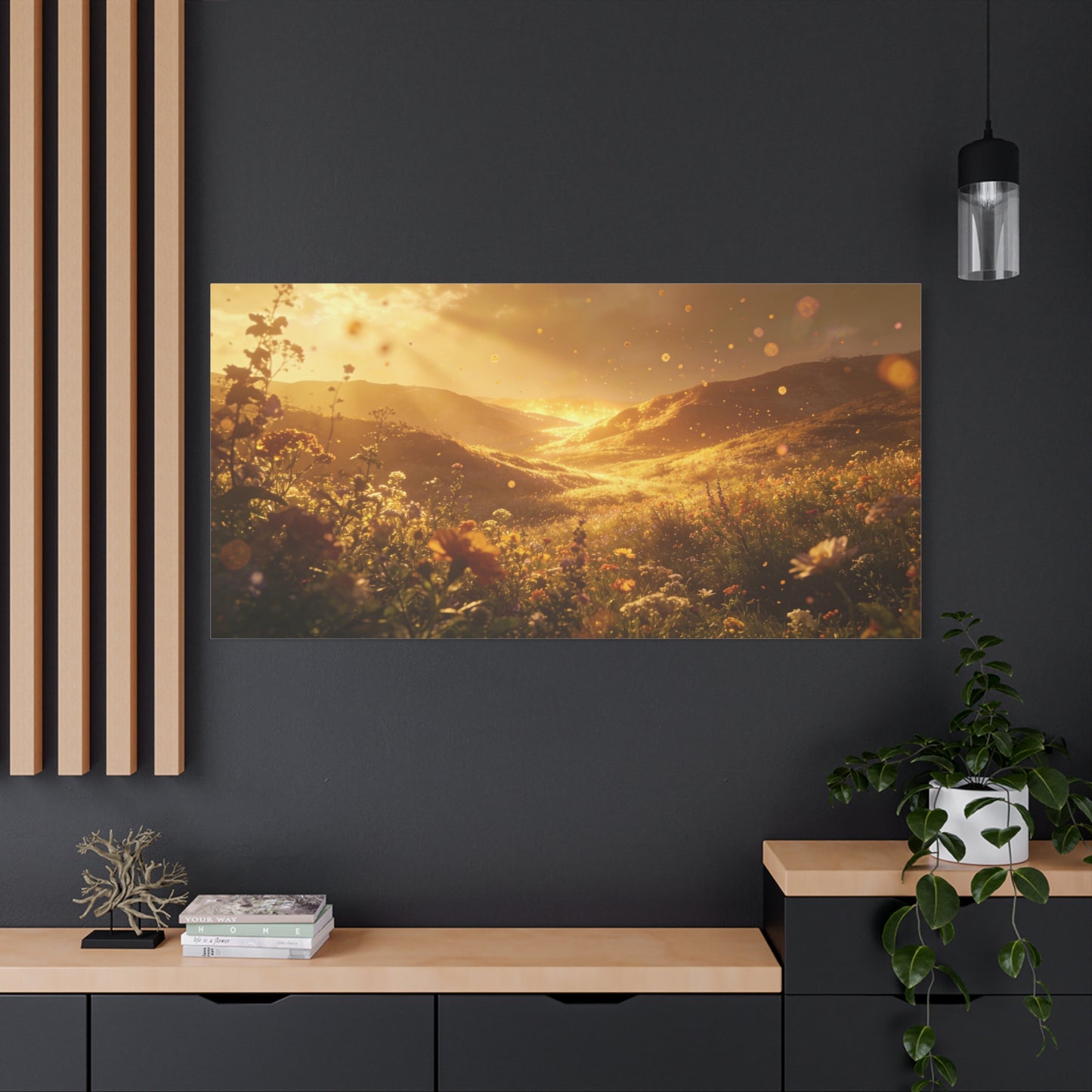 Golden Wildflower Valley Canvas Wall Art - Sunlit Meadow Landscape Print, Warm Rustic Contemporary Decor - Matte Cotton Artwork For Living Room, Bedroom Decoration, Office Accent - Office Wall Art