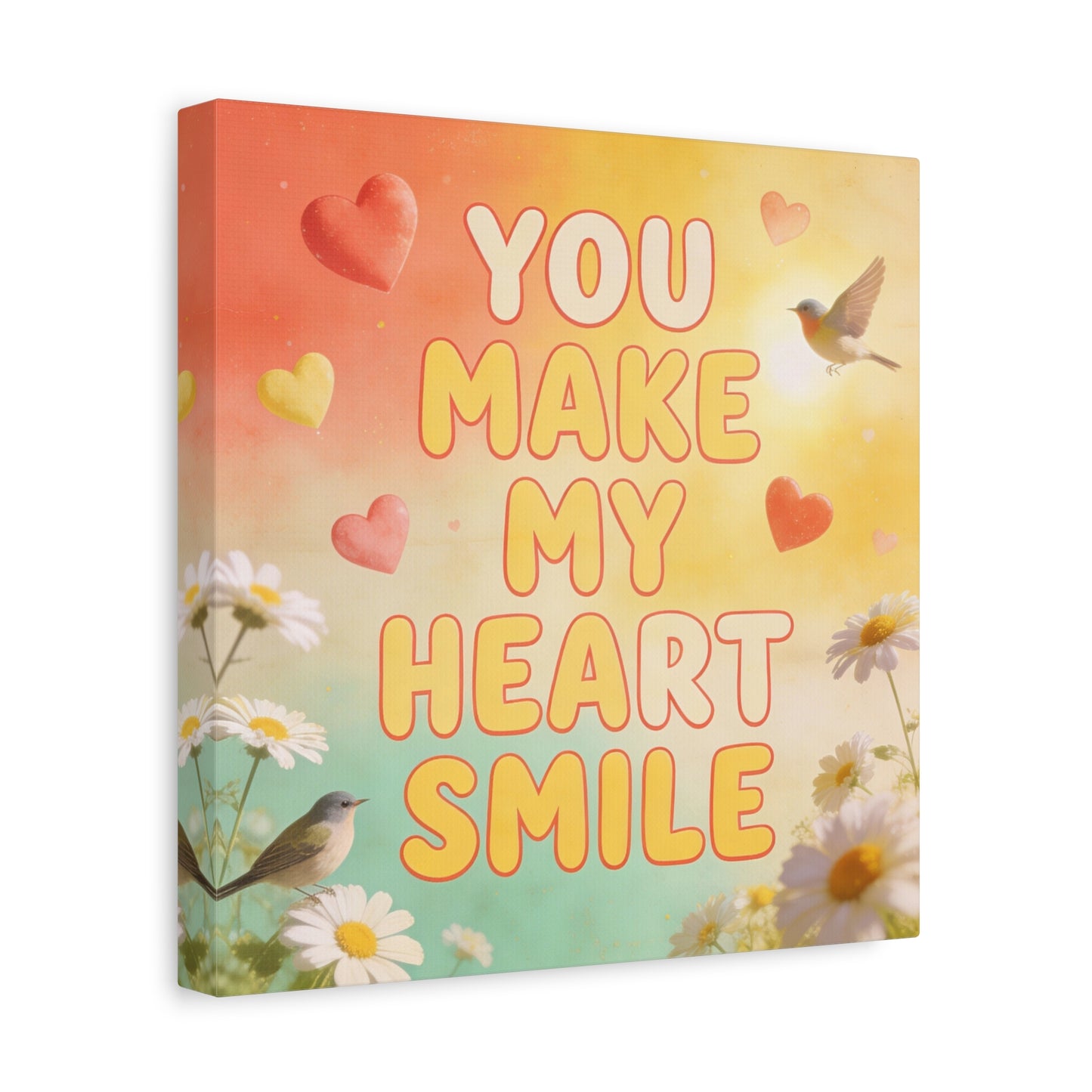 "You Make My Heart Smile" Inspirational Canvas Wall Art - Daisy And Songbird Quote Print, Pastel Typography Decor, Cheerful Bedroom Wall Hanging, Nursery Home Accent - Bedroom Home Decoration