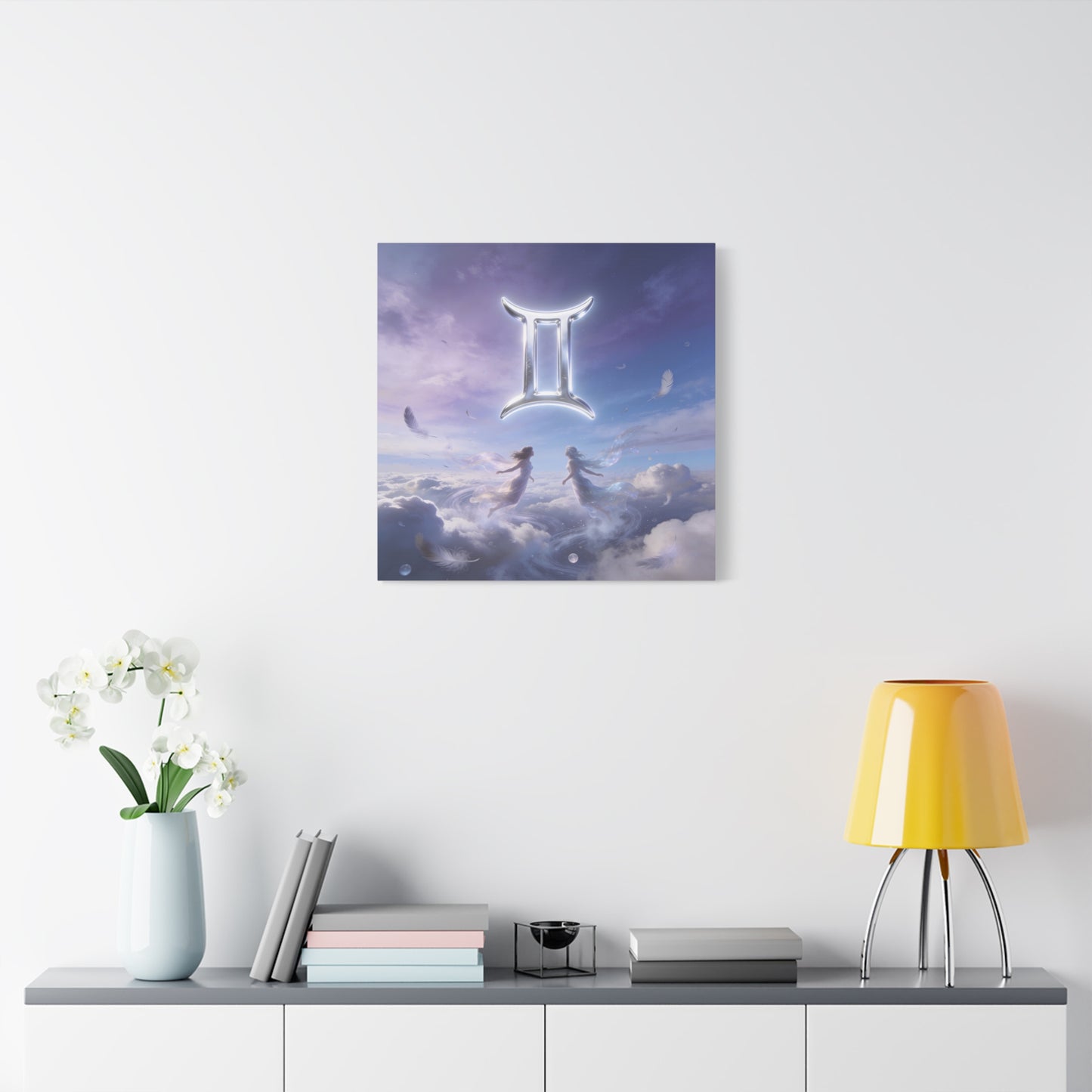 Gemini Zodiac Canvas Art Print - Glowing Twin Symbol, Ethereal Sky Illustration - Dreamy Celestial Typography Style - Cotton Canvas Decor For Bedroom, Living Space, Meditation Room - Office Wall Art