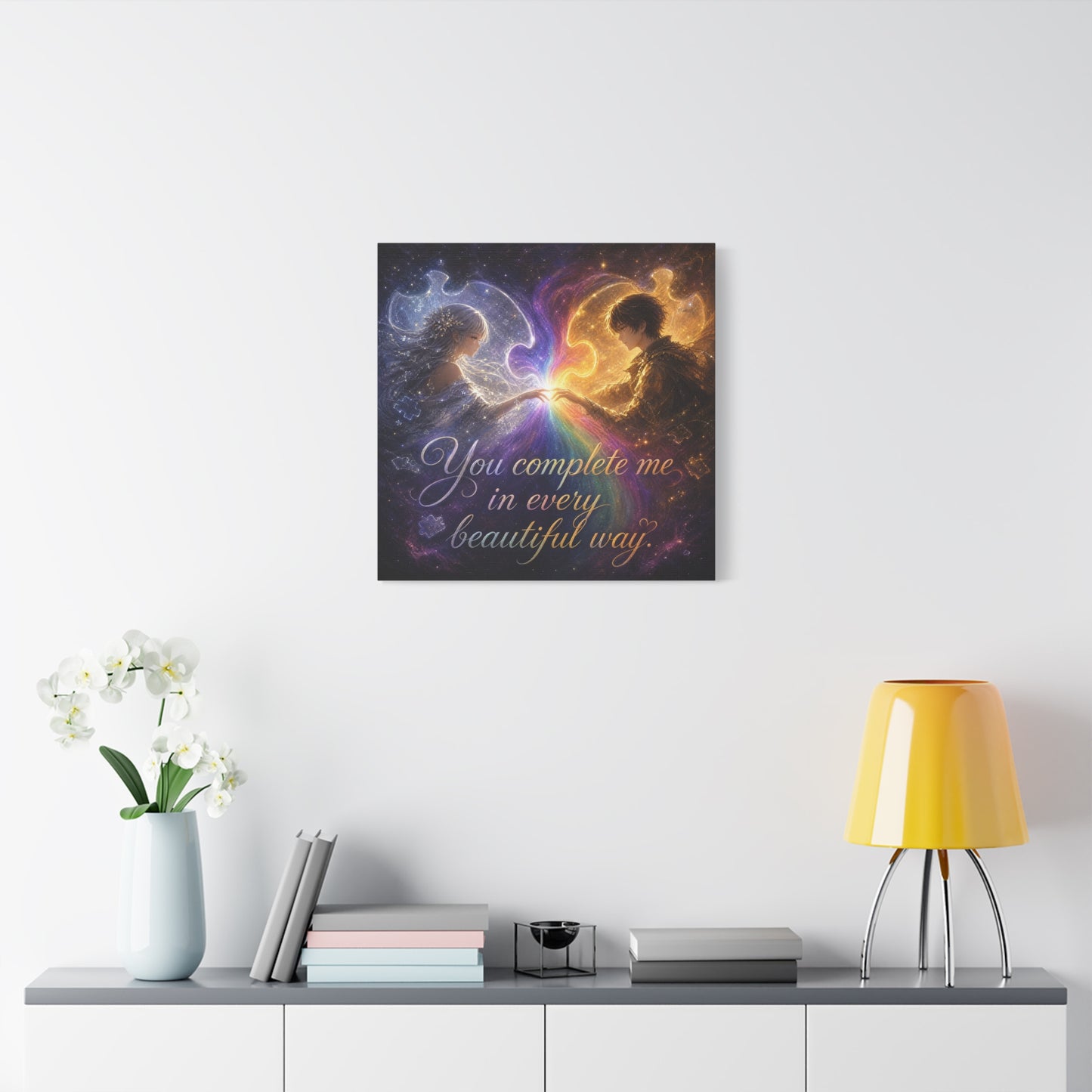 "You Complete Me In Every Beautiful Way" Romantic Couple Canvas Wall Art - Celestial Puzzle Soulmate Quote Print, Fantasy Love Decor - Bedroom Wall Hanging - Ready to Hang - Bedroom Home Decoration