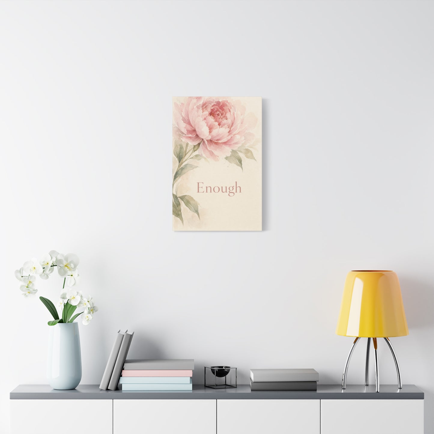 "Enough" Peony Canvas Wall Art - Pink Watercolor Floral Inspirational Print - Soft Botanical Bedroom Wall Decor - Feminine Home Decoration - Bedroom Home Decoration - Modern Farmhouse Style