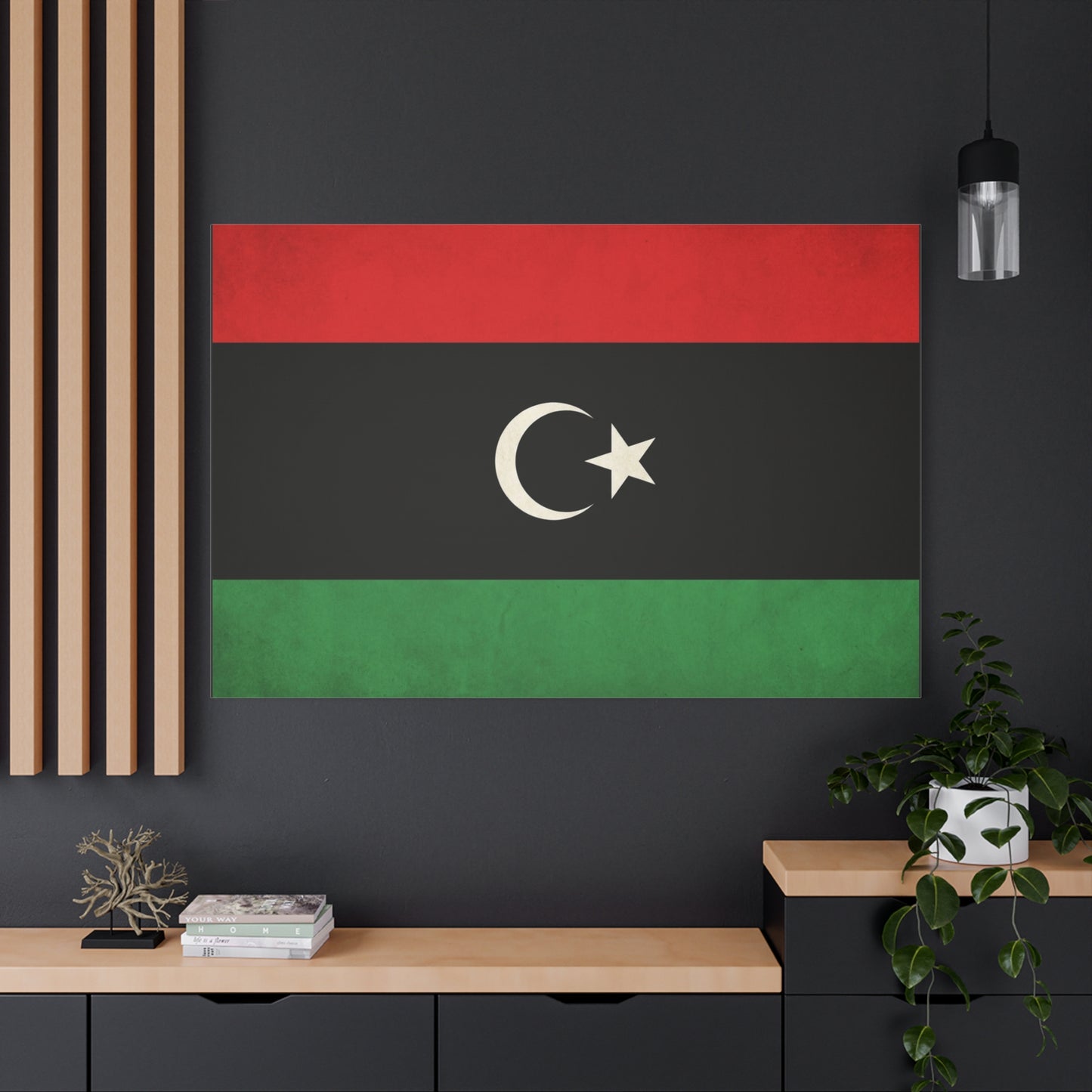 Libya Flag Canvas Wall Art - Red Black Green Crescent Star Print Picture - Vintage Patriotic Style, Matte Finish Canvas Print, Living Room Wall Decor, Bedroom Home Decoration - Bedroom Home Decoration