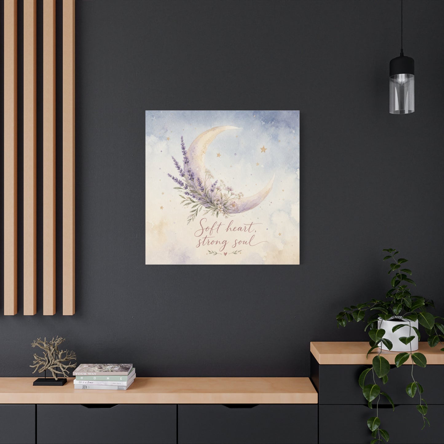 "Soft Heart, Strong Soul" Moon Canvas Wall Art - Lavender Floral Celestial Quote Print - Watercolor Nursery Bedroom Decor - Bohemian Home Decoration - Office Wall Art - Bedroom Home Decoration