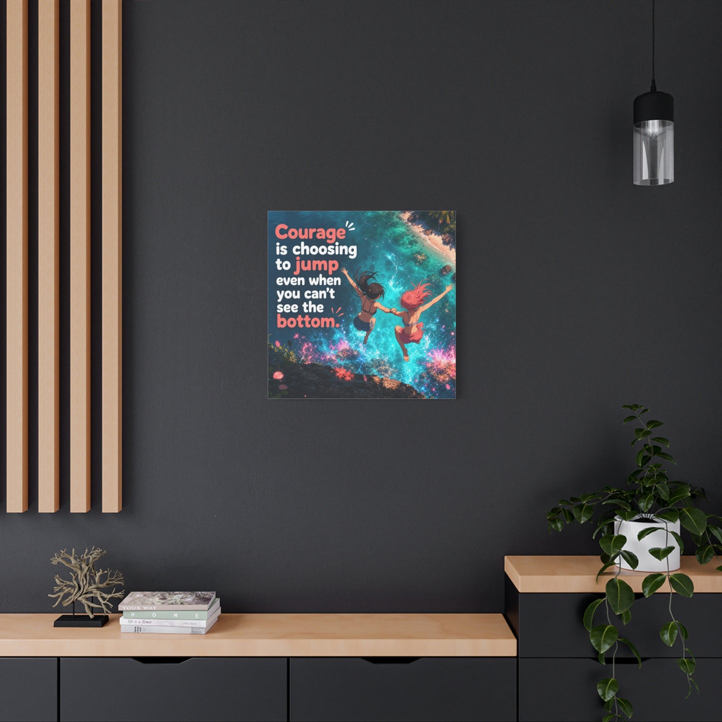 "Courage Is Choosing To Jump Even When You Can't See The Bottom" Canvas Wall Art - Coastal Quote Illustration, Inspirational Ocean Cliff Scene, Bedroom Wall Decor, Teen Space Accent - Ready to Hang