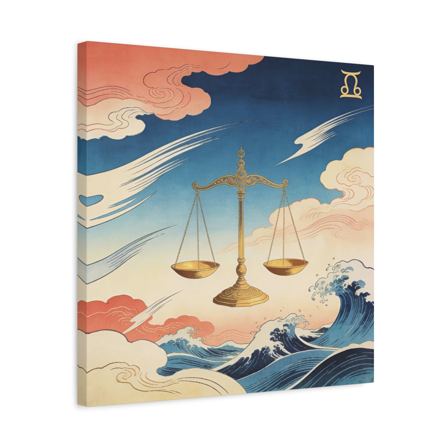 Libra Zodiac Canvas Wall Decor - Vintage Japanese Wave Scales Illustration - Celestial Astrology Print, Gold Balance Symbol, Traditional Style, Bedroom Home Decoration - Living Room Wall Decor