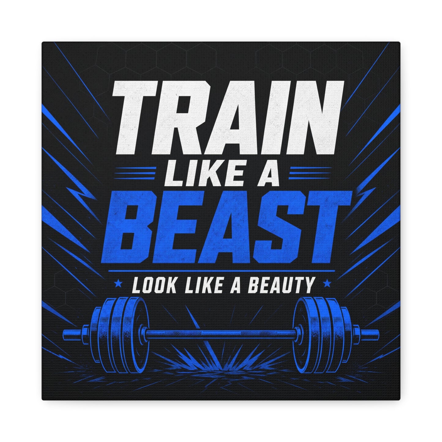 "Train Like A Beast Look Like A Beauty" Gym Canvas Wall Art - Blue Black Barbell Typography Motivational Fitness Decor - Modern Sports Quote Print - Ready to Hang - Living Room Wall Decor