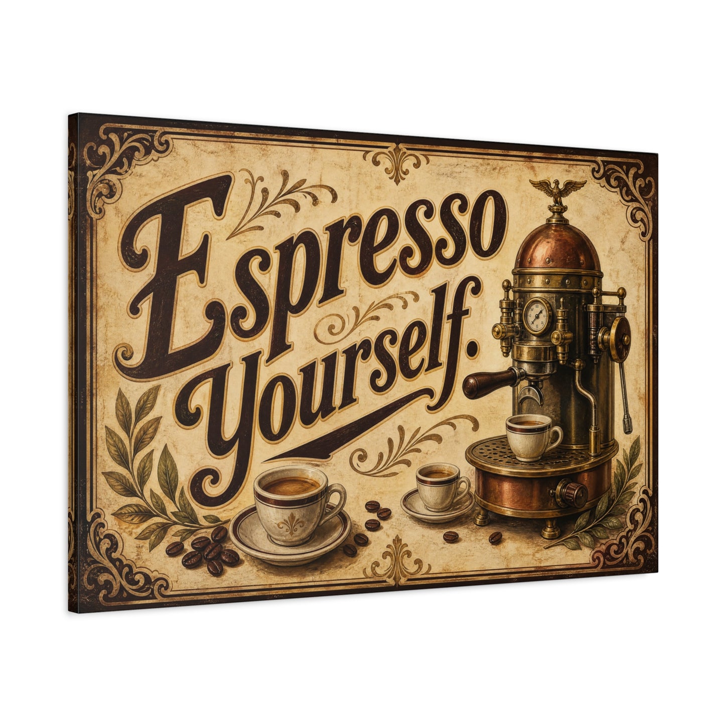 "Espresso Yourself" Coffee Canvas Wall Art - Vintage Espresso Machine Decor - Rustic Cafe Style Matte Print - Ready to Hang - Ready to Hang - Coffee Shop Decor - Cafe Wall Art - Gallery Wrapped Canvas
