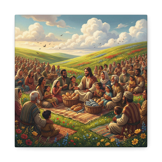 Jesus Feeding The Multitude Canvas Wall Art - Bread And Fish Biblical Scene - Meadow Landscape Christian Home Decor - Matte Cotton Print For Living Room, Bedroom, Office, Meditation Space