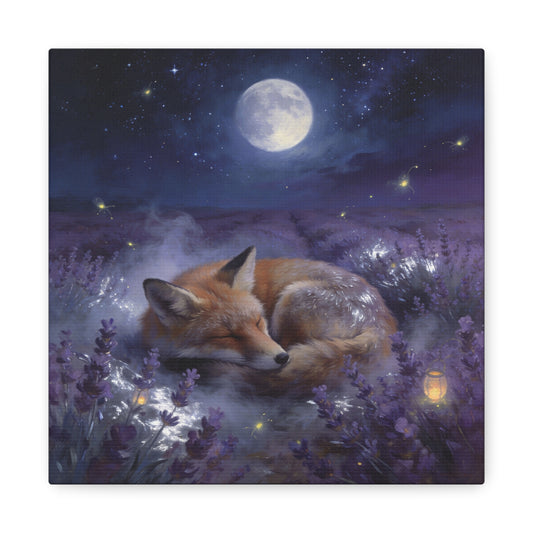 Sleeping Red Fox Canvas Wall Art - Moonlit Lavender Field, Fireflies, Starry Night Sky - Dreamy Woodland Animal Print - Matte Finish Canvas - Bedroom Wall Decor, Nursery Accent - Cozy Reading Nook Art
