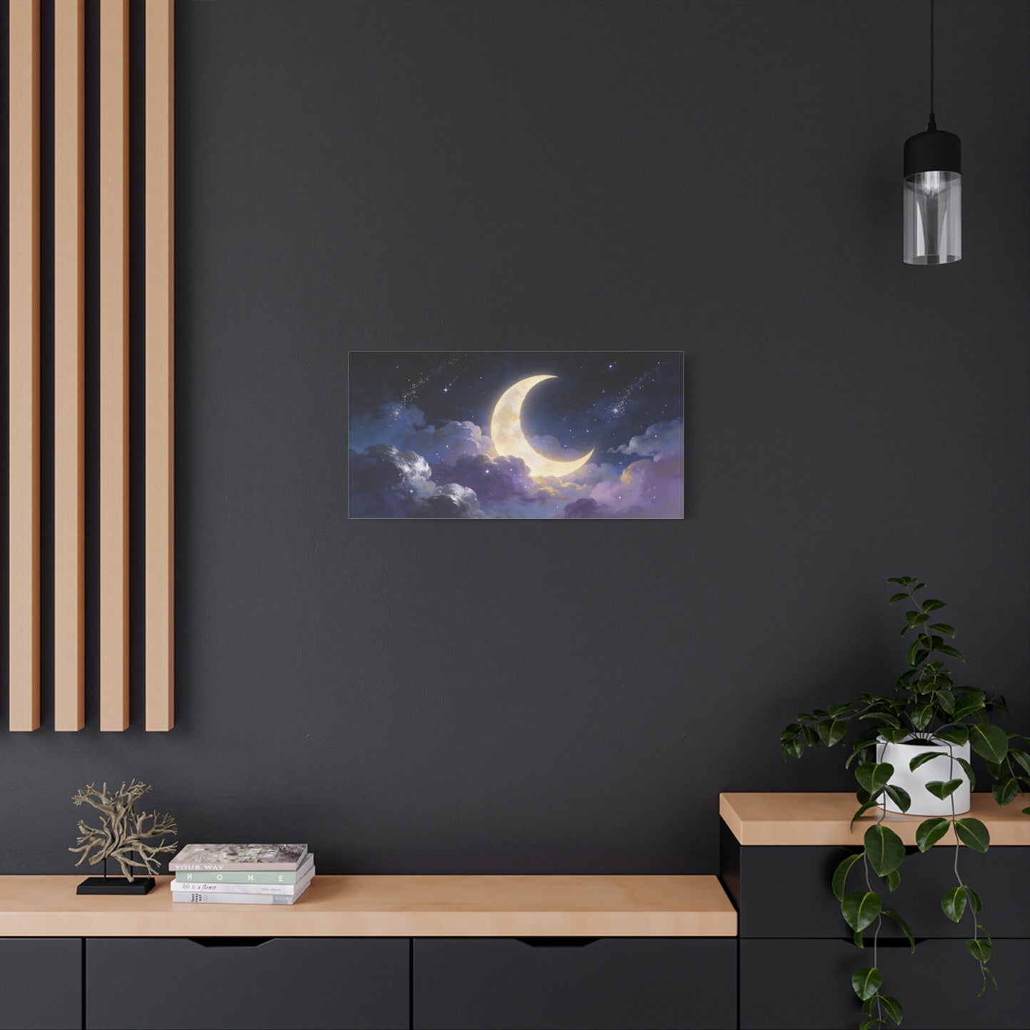 Crescent Moon Canvas Wall Art - Dreamy Night Sky Clouds, Celestial Starry Canvas Print - Contemporary Blue Gold Fantasy Decor - Bedroom Wall Decor, Living Room Home Accent - Bedroom Home Decoration