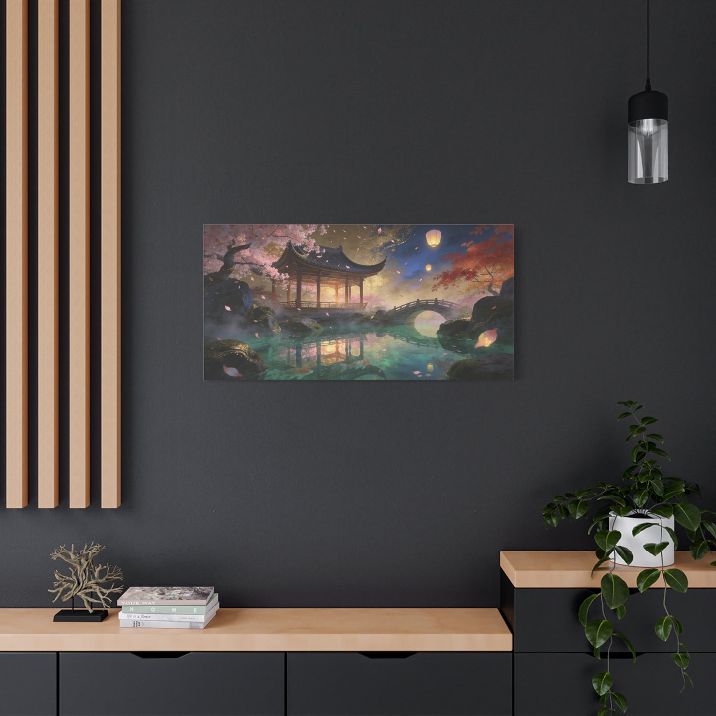 Japanese Garden Pavilion Canvas Wall Art - Cherry Blossom Pond, Lantern Night, Arched Bridge - Serene Traditional Landscape - Living Room Wall Decor, Bedroom Home Decoration - Bedroom Home Decoration