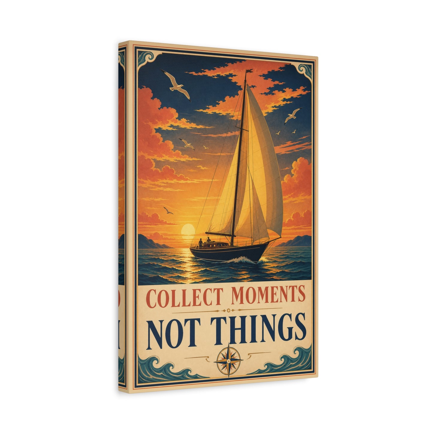 "Collect Moments Not Things" Sailboat Canvas Wall Art - Vintage Nautical Sunset Seascape, Inspirational Ocean Poster Style - Coastal Living Room Wall Decor, Bedroom Home Decoration - Ready to Hang