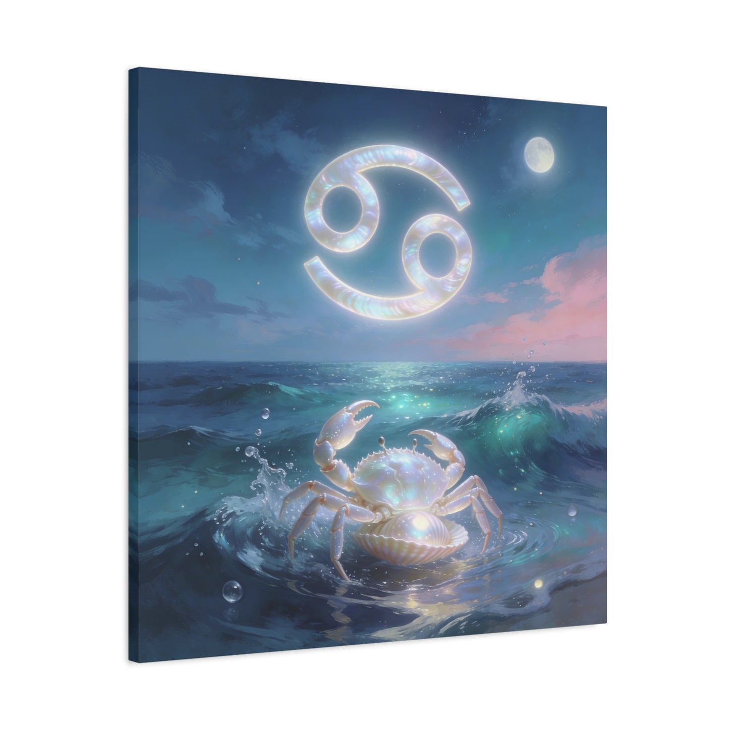 Cancer Zodiac Canvas Wall Art - Moonlit Ocean Crab, Iridescent Shell Symbol - Coastal Celestial Print, Dreamy Blue Seascape - Bedroom Home Decoration, Living Room Wall Decor - Bedroom Home Decoration