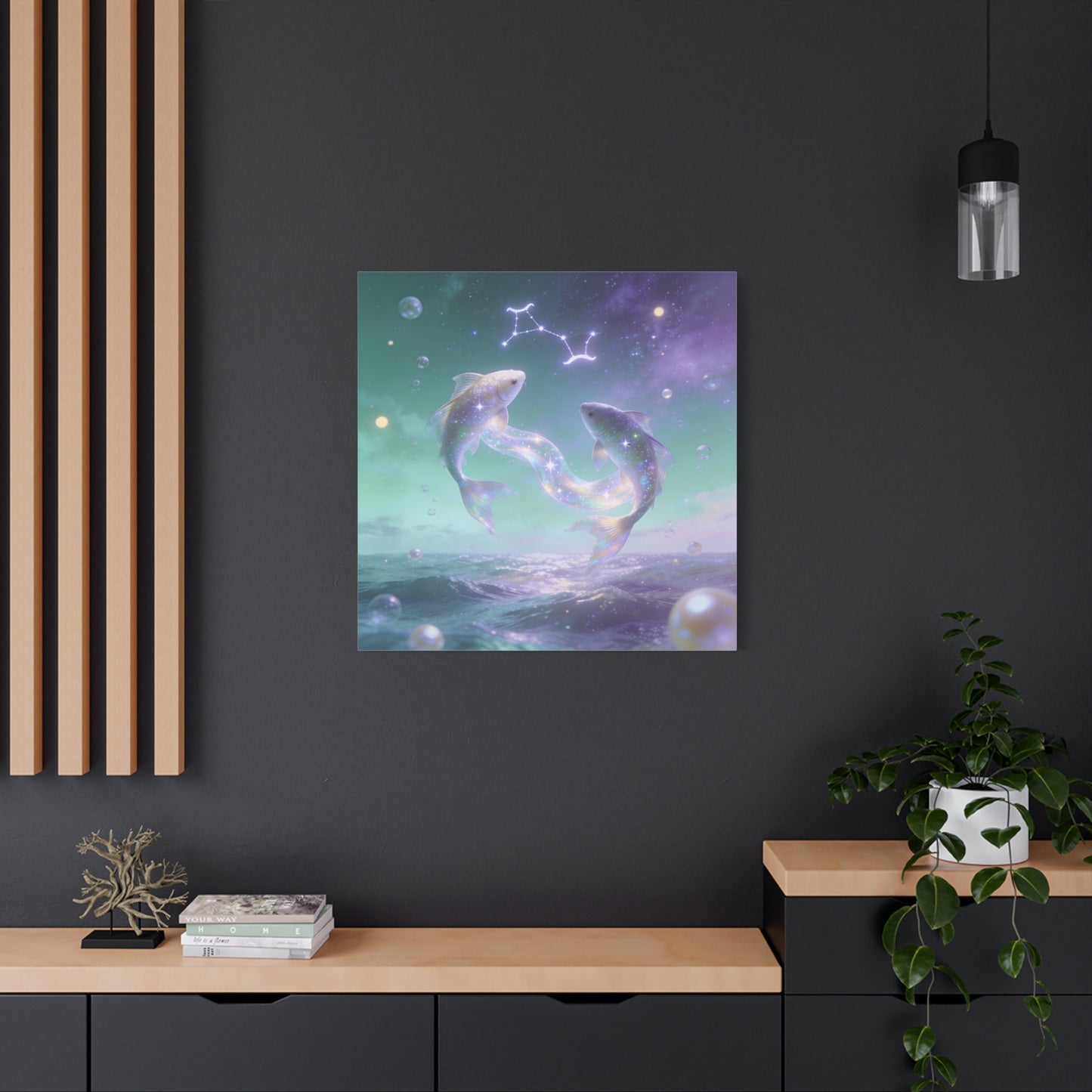 Pisces Fish Canvas Wall Art - Celestial Ocean Zodiac Illustration, Dreamy Aurora Nightscape, Matte Cotton Print, Mystical Bedroom Accent, Meditation Space Piece, Office Interior Style - Ready to Hang