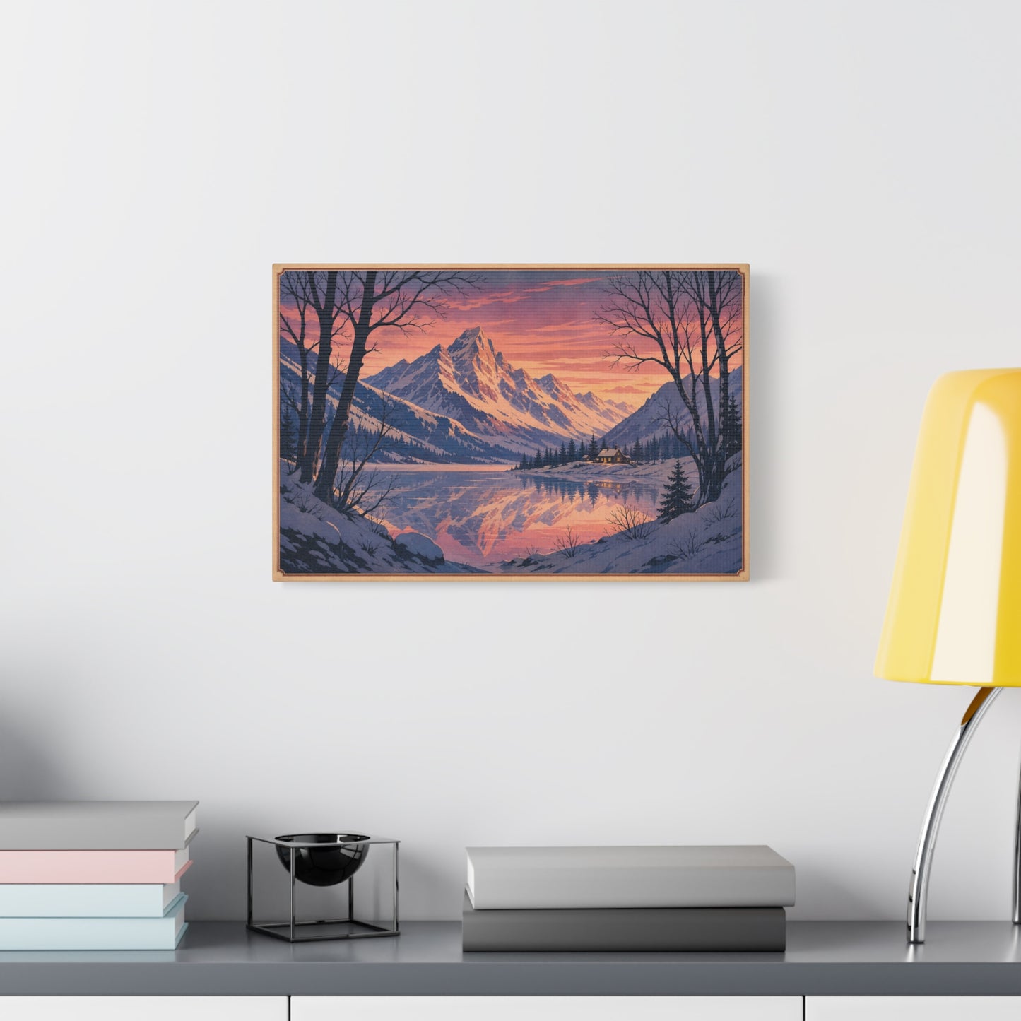Snowy Mountain Lake Canvas Wall Art - Alpine Sunset Reflection Landscape Print, Rustic Winter Home Decor, Matte Finish Scenic Artwork For Living Room, Bedroom, Cabin Retreat - Living Room Wall Decor