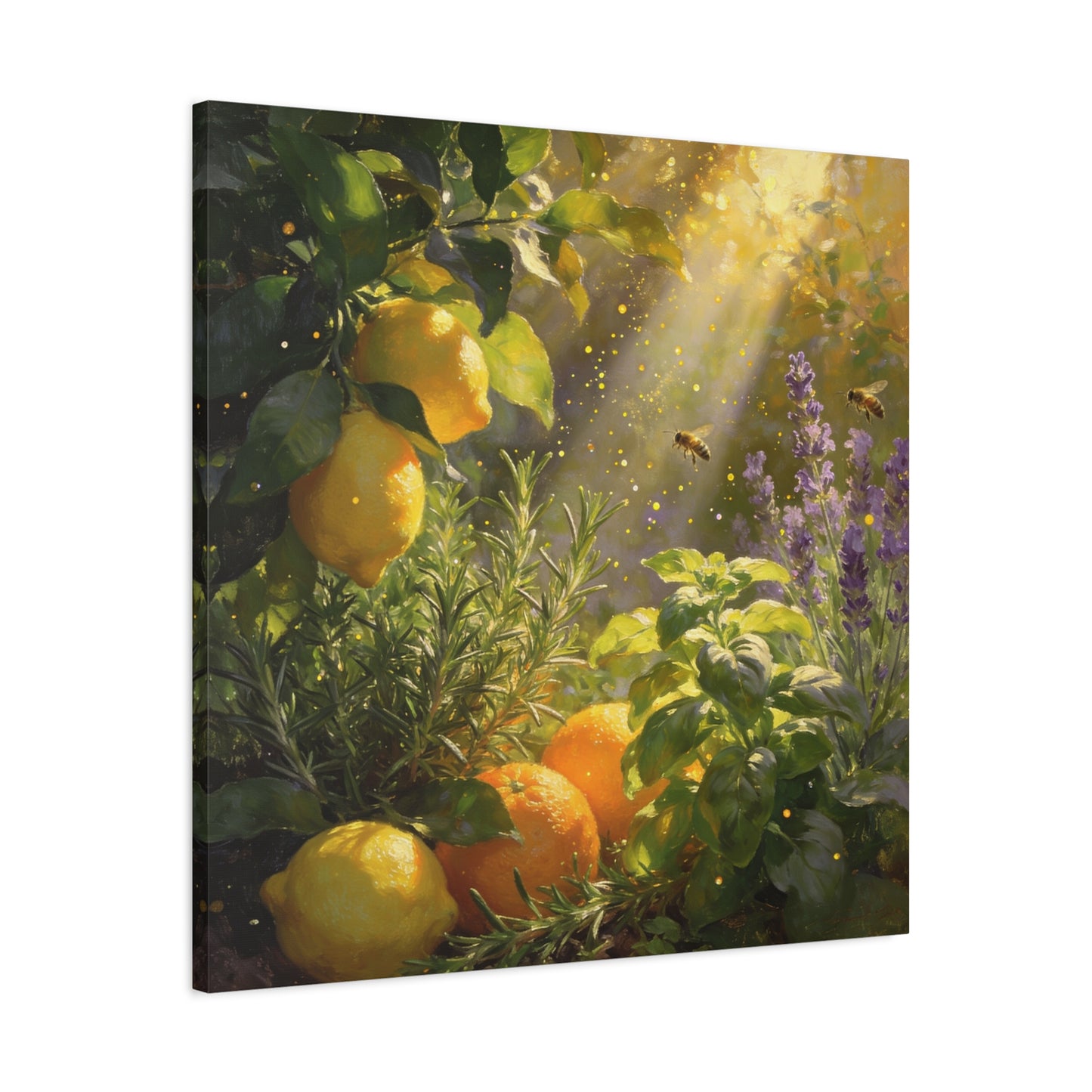 Lemon Herb Garden Canvas Wall Art - Bees, Lavender, Rosemary, Sunlit Botanical Painting - Matte Cotton Print, Rustic Farmhouse Style - Kitchen Wall Decor, Dining Room Accent - Bedroom Home Decoration