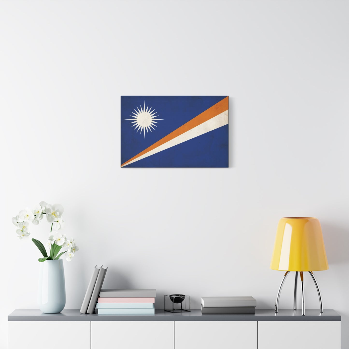 Marshall Islands Flag Canvas Wall Art - Blue Field, White Starburst, Orange Stripe - Vintage Patriotic Print - Coastal Island Decor For Living Room, Office Wall Display Accent - Modern Farmhouse Style
