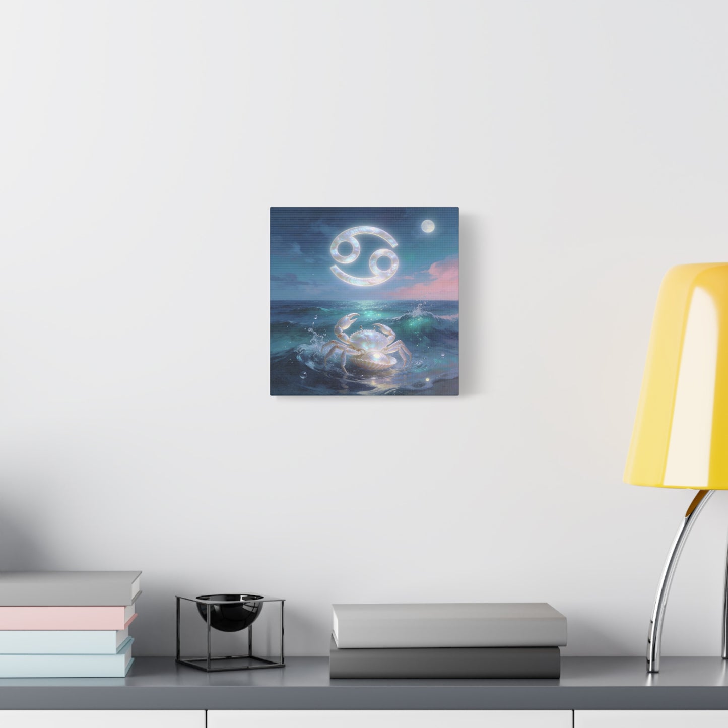 Cancer Zodiac Canvas Wall Art - Moonlit Ocean Crab, Iridescent Shell Symbol - Coastal Celestial Print, Dreamy Blue Seascape - Bedroom Home Decoration, Living Room Wall Decor - Bedroom Home Decoration