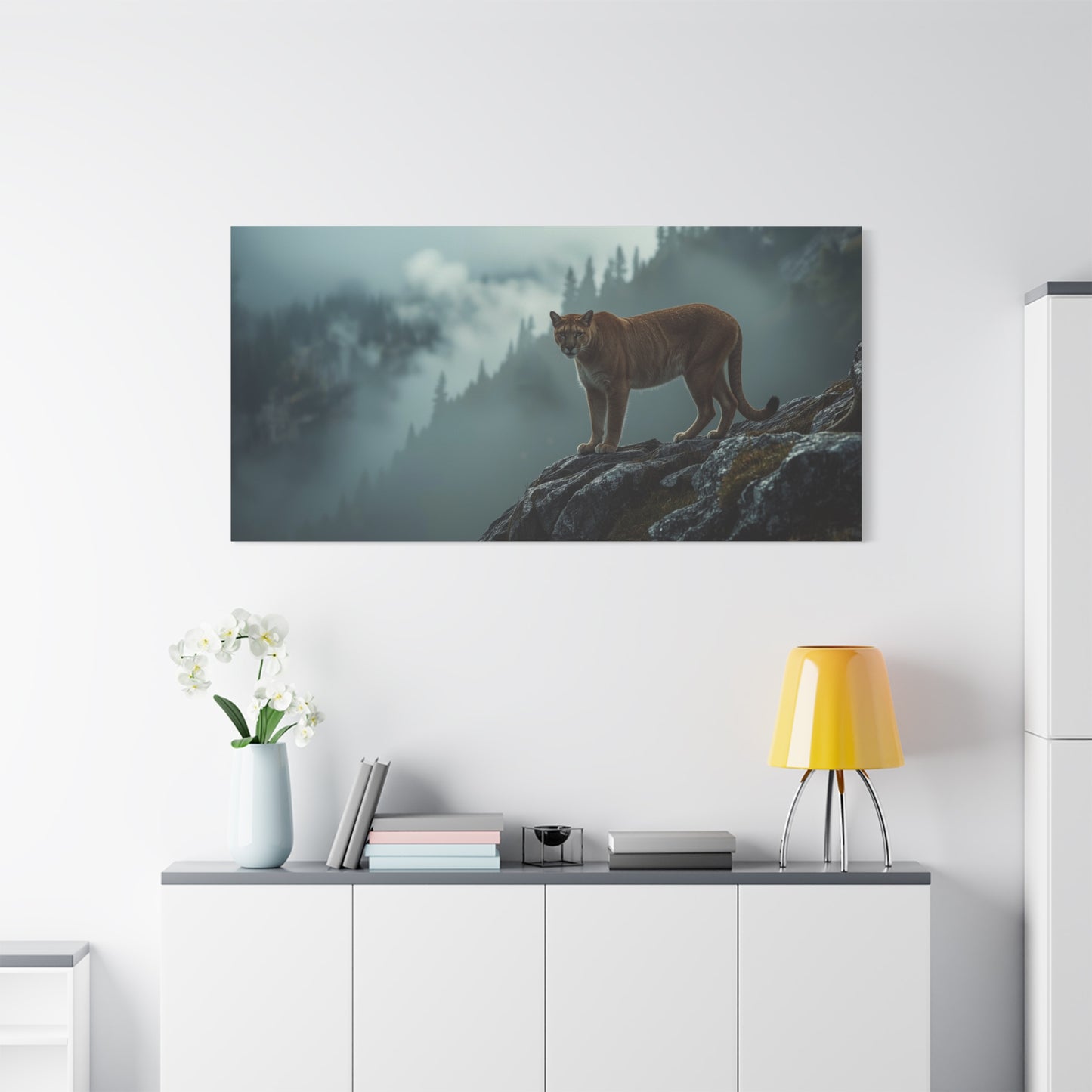 Mountain Lion Canvas Wall Art - Misty Forest Wildlife Landscape, Matte Canvas Print - Moody Contemporary Nature Decor - Living Room Wall Decor, Office Art, Rustic Lodge Accent - Modern Farmhouse Style