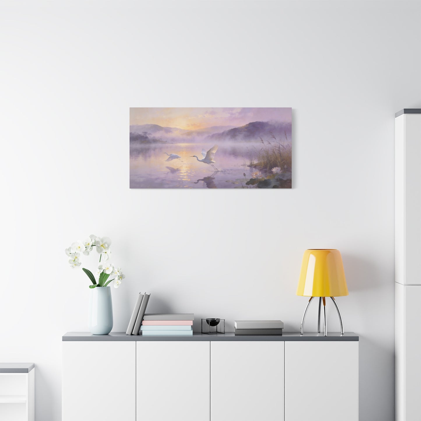 White Egret Canvas Wall Art - Misty Lake Sunrise Birds, Lotus Water Scene - Serene Impressionist Canvas Print - Bedroom Wall Decor, Living Room Home Decoration - Bedroom Home Decoration