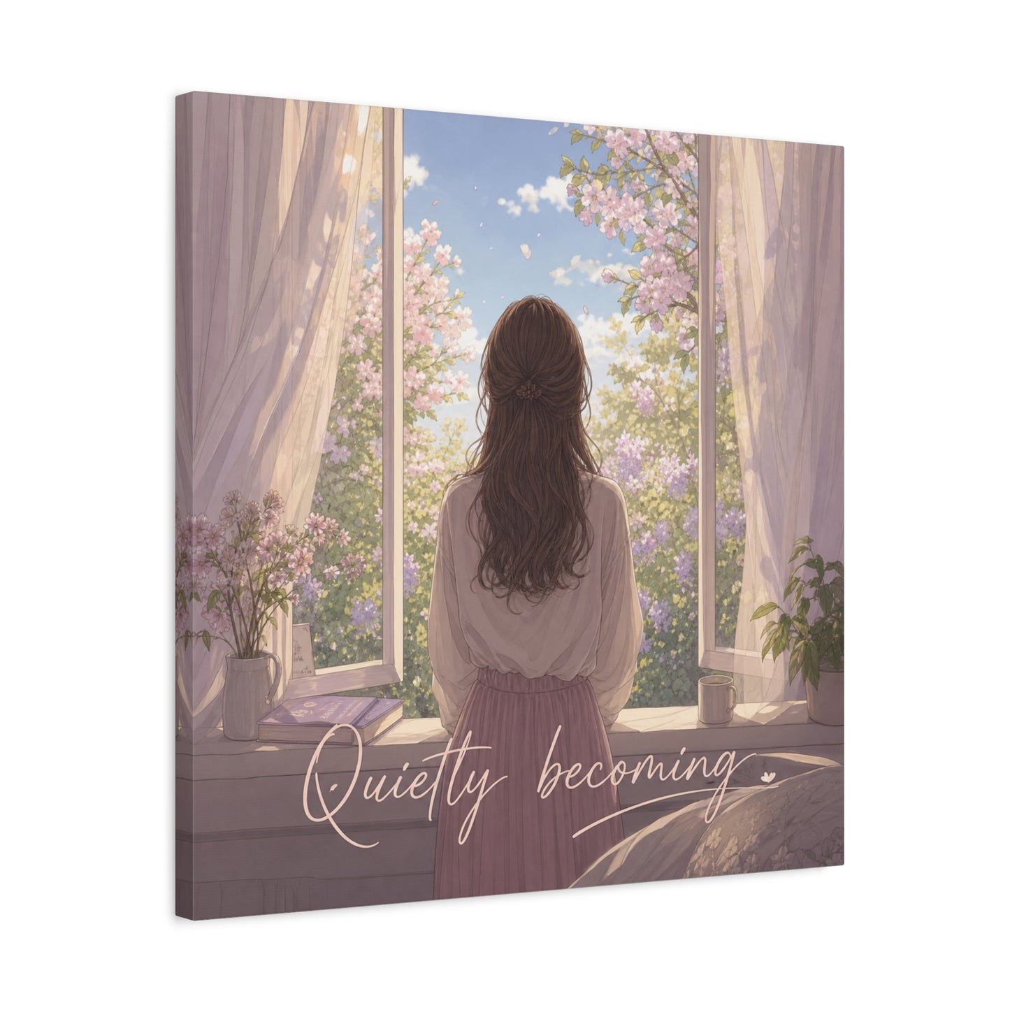 "Quietly Becoming" Girl At Window Canvas Wall Art - Cherry Blossom Bedroom Decor, Soft Pastel Inspirational Print, Dreamy Feminine Room Decoration - Bedroom Home Decoration - Living Room Wall Decor