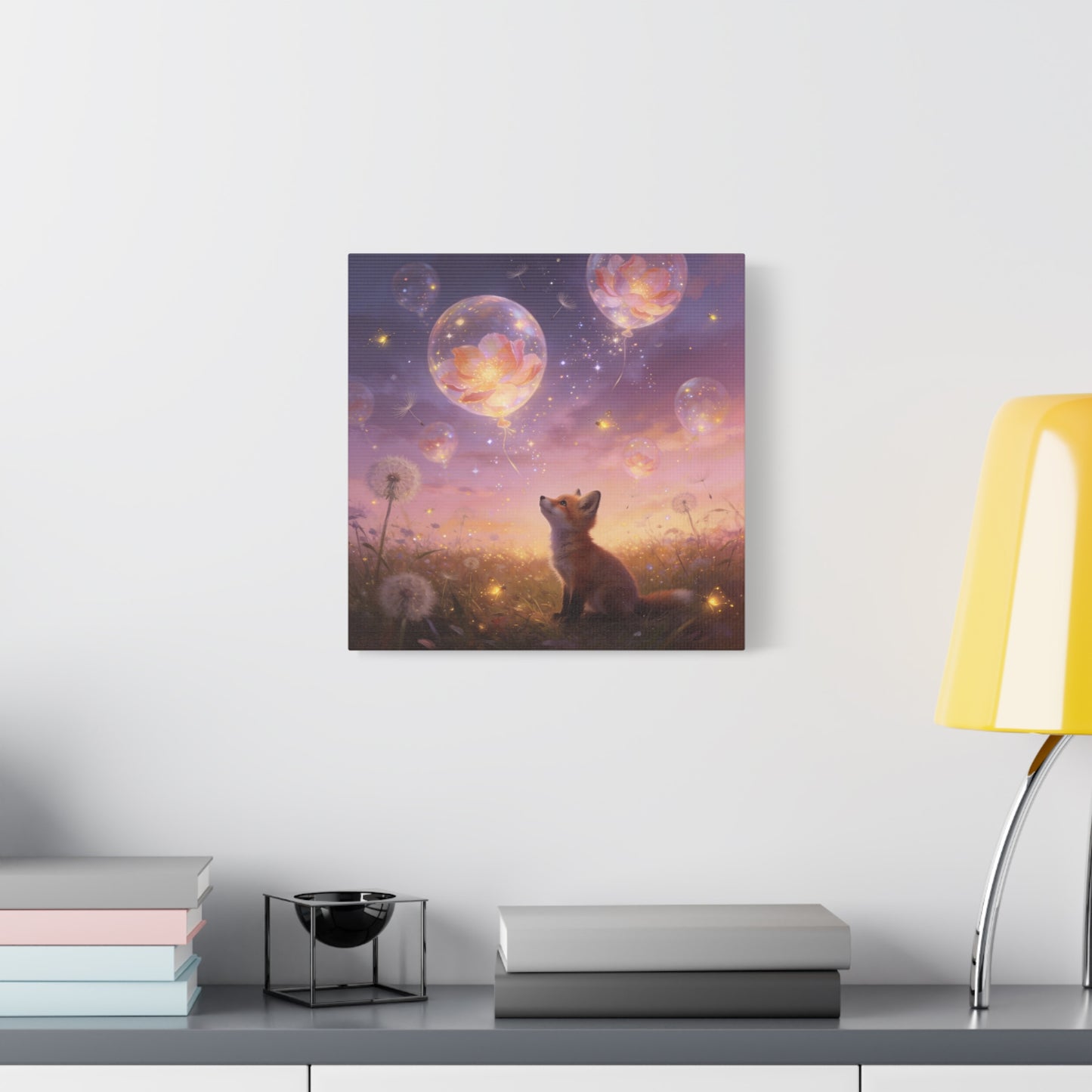 Fox Canvas Wall Art - Whimsical Fox Under Floral Balloons, Dreamy Twilight Meadow Canvas Print - Pastel Fantasy Style, Living Room Wall Decor, Bedroom Home Decoration - Bedroom Home Decoration