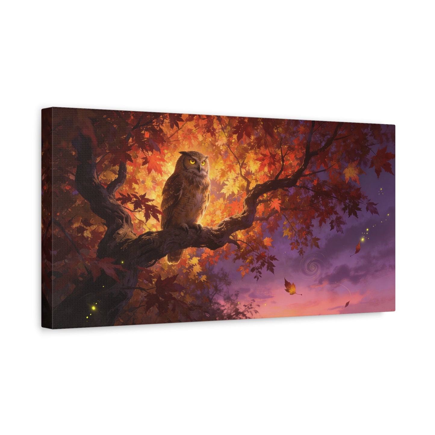 Owl Canvas Wall Art - Autumn Tree Branch Wildlife Illustration, Glowing Twilight Sky - Matte Canvas Print, Rustic Nature Style - Living Room Wall Decor, Bedroom Home Decoration - Cozy Reading Nook Art