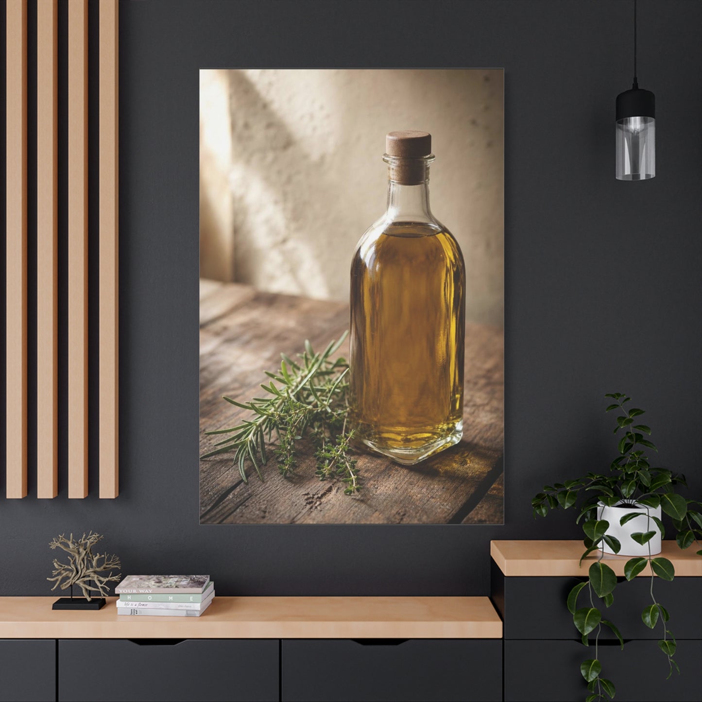 Olive Oil Bottle Canvas Wall Art - Rustic Kitchen Still Life, Rosemary Herb Art Print - Warm Neutral Farmhouse Style - Dining Room Wall Decor, Pantry Home Accent - Bedroom Home Decoration