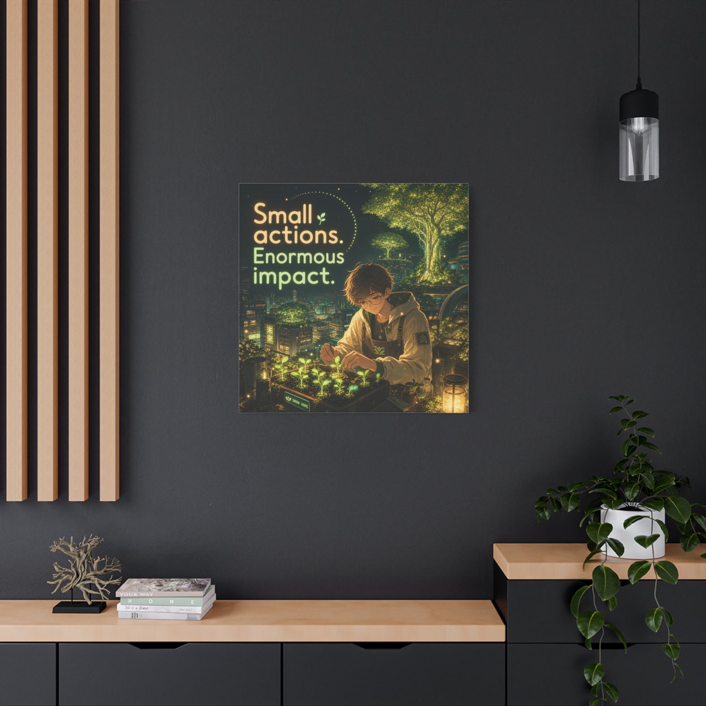 "Small Actions. Enormous Impact." Inspirational Canvas Wall Art - Anime Boy Gardening Cityscape - Glowing Green Night Illustration - Bedroom Home Decoration, Home Office Decor - Living Room Wall Decor