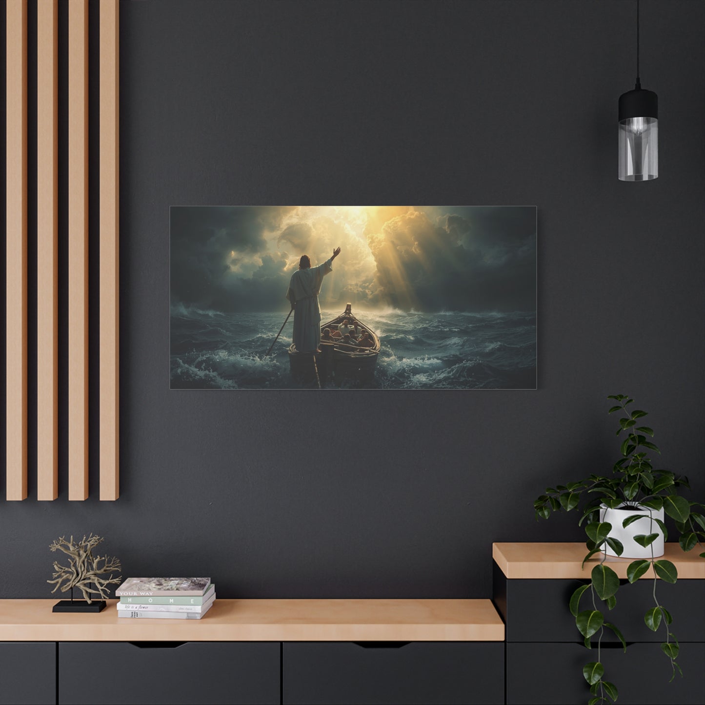 Jesus Calming The Storm Canvas Wall Art - Christian Ocean Boat Scene, Cotton Print - Dramatic Religious Seascape - Living Room Decor, Bedroom Home Decoration, Meditation Space - Living Room Wall Decor