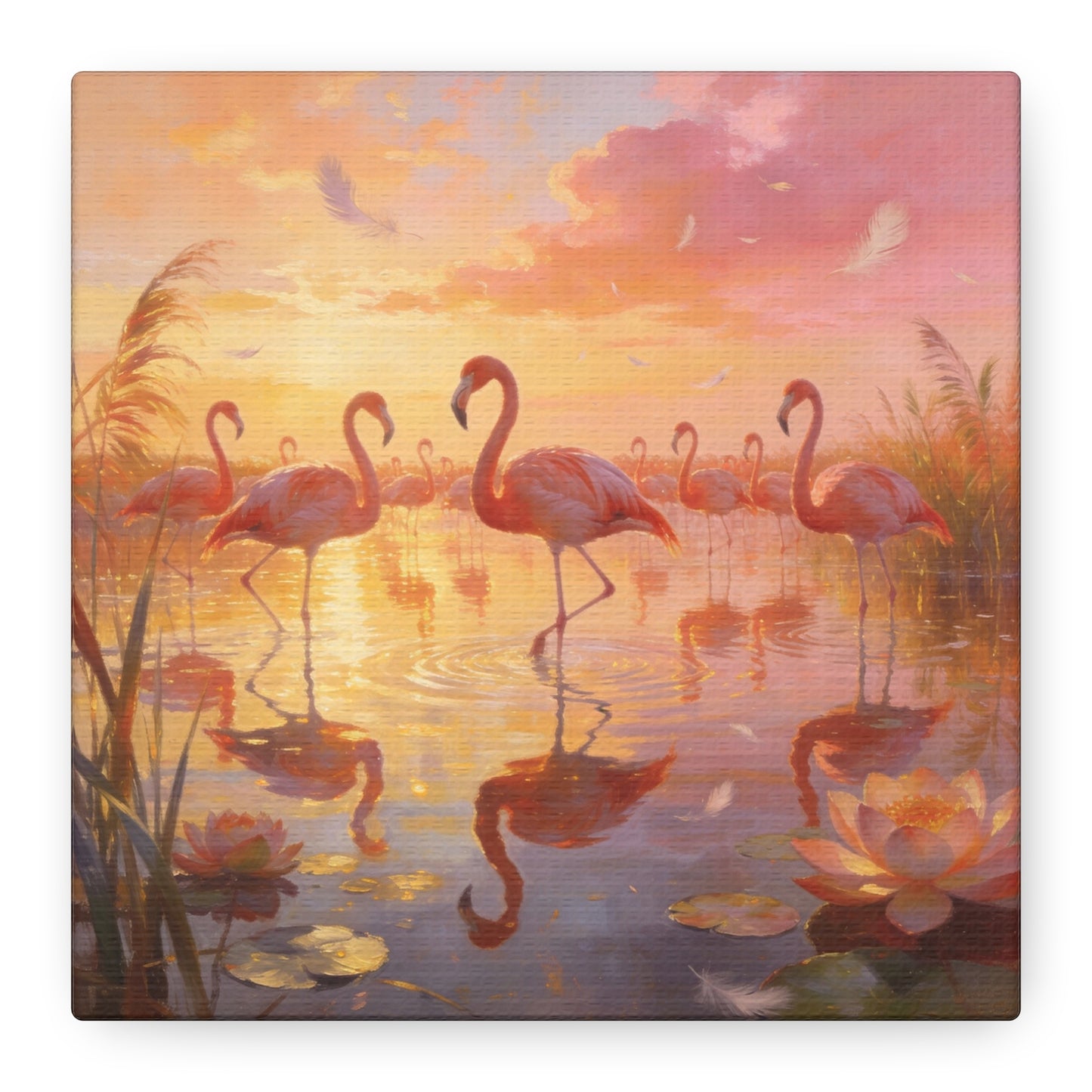 Pink Flamingo Canvas Wall Art - Sunset Wetland Birds, Lotus Pond Reflections - Dreamy Tropical Illustration, Matte Canvas Print - Living Room Wall Decor, Bedroom Home Decoration - Ready to Hang