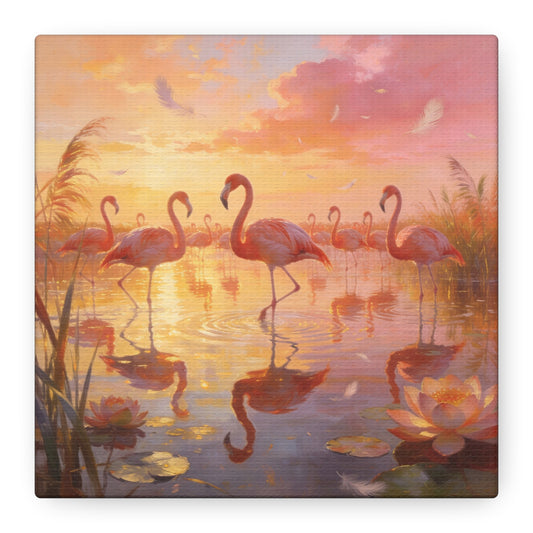 Pink Flamingo Canvas Wall Art - Sunset Wetland Birds, Lotus Pond Reflections - Dreamy Tropical Illustration, Matte Canvas Print - Living Room Wall Decor, Bedroom Home Decoration - Ready to Hang