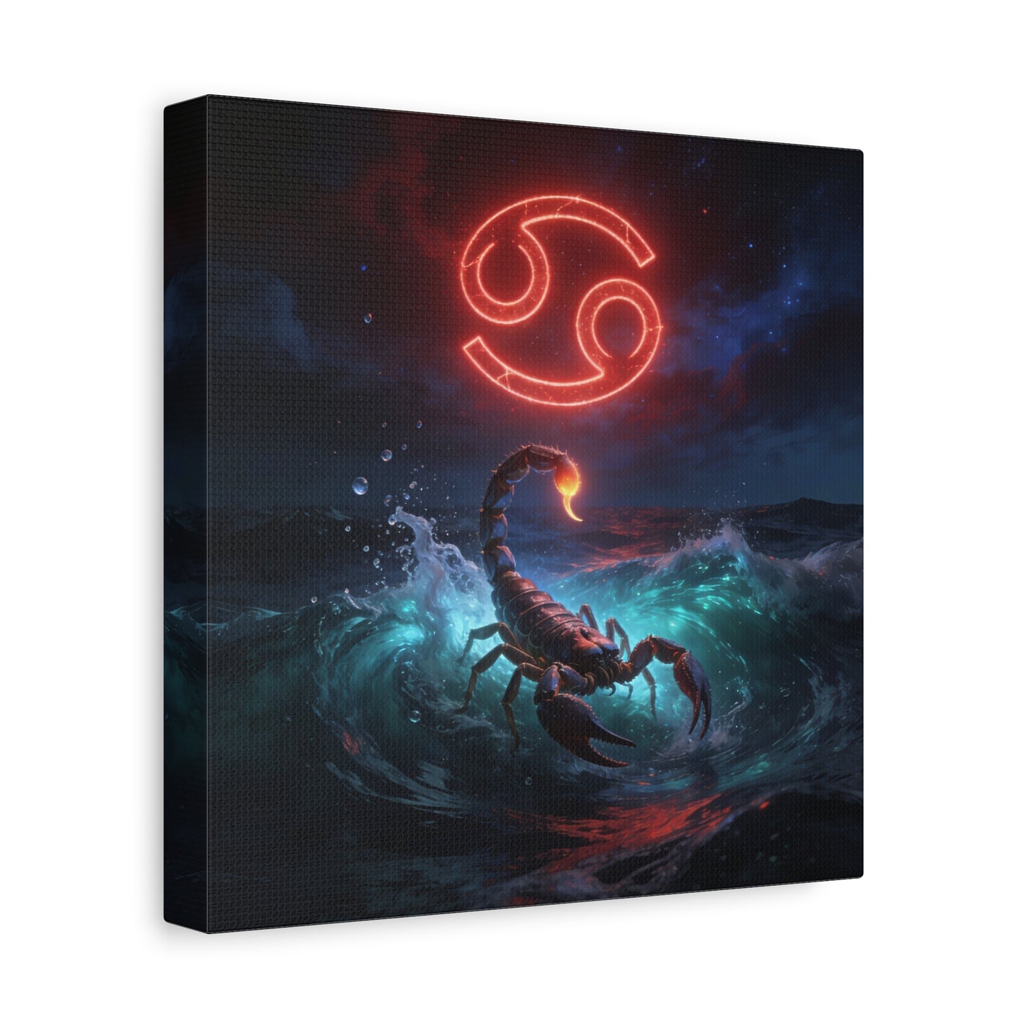 Cancer Zodiac Canvas Wall Art - Neon Crab Ocean Astrology Print, Celestial Night Seascape, Matte Canvas Decor, Bedroom Home Decoration, Living Room Wall Decor, Modern Space Style - Ready to Hang