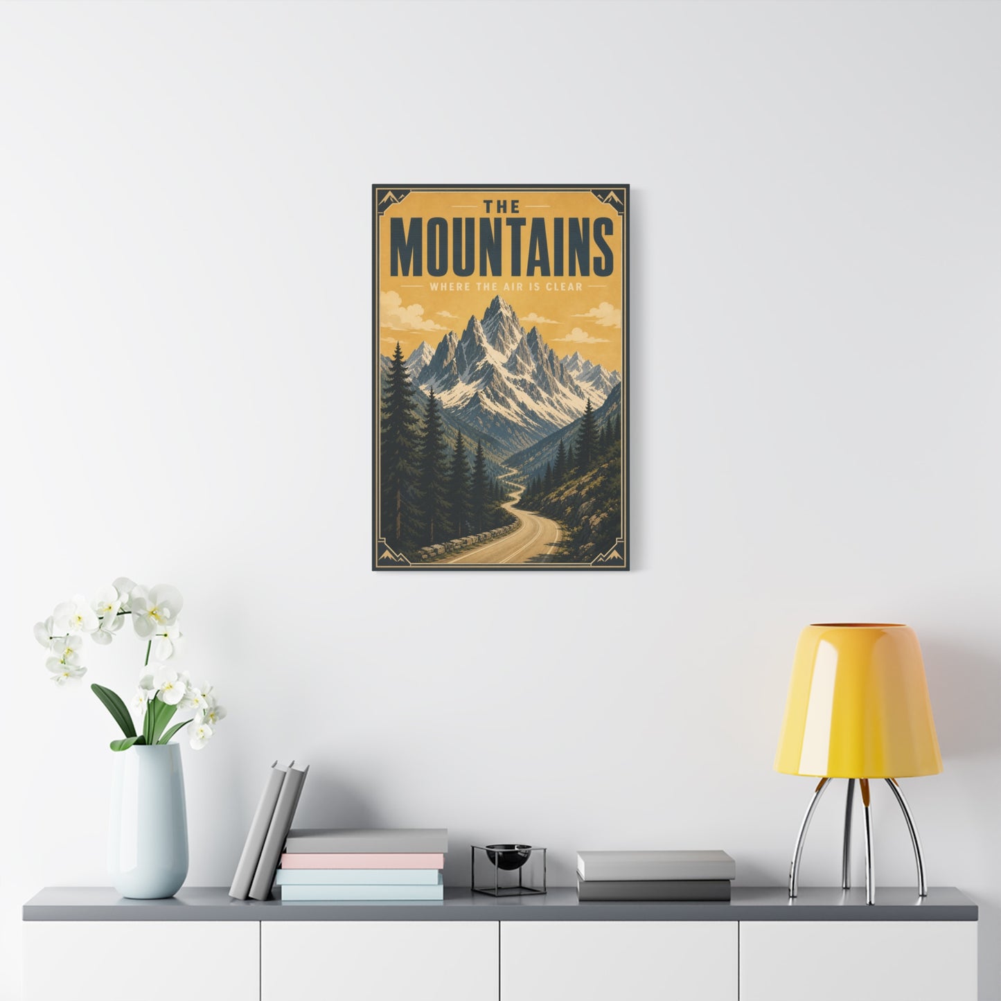 "The Mountains Where The Air Is Clear" Canvas Wall Art - Vintage Mountain Landscape Print, Golden Alpine Road Poster Style, Rustic Cabin Wall Decor - Ready to Hang - Bedroom Home Decoration