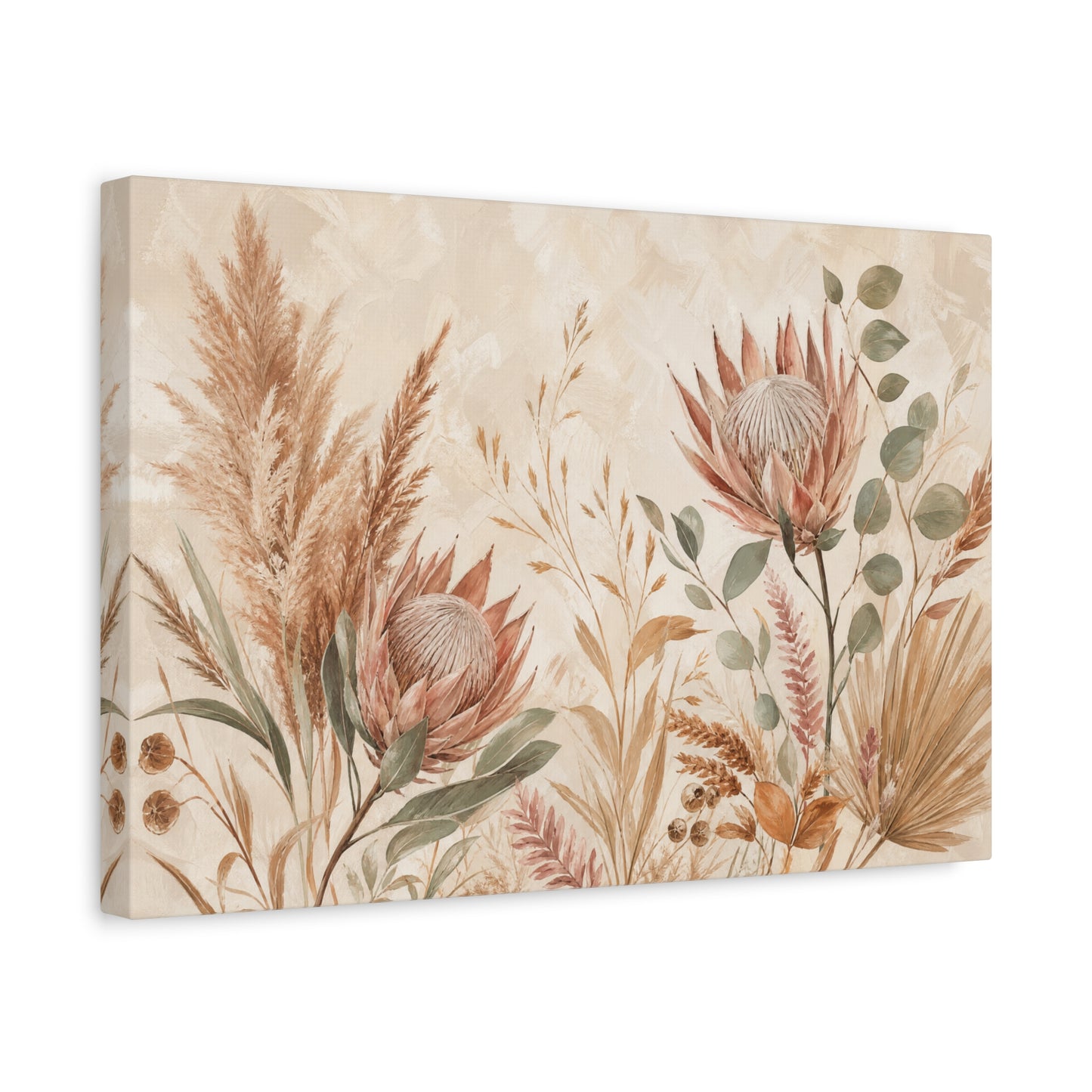 Protea Botanical Canvas Wall Art - Pampas Grass, Eucalyptus Floral Print - Neutral Boho Farmhouse Decor - Beige Sage Nature Painting - Ready to Hang