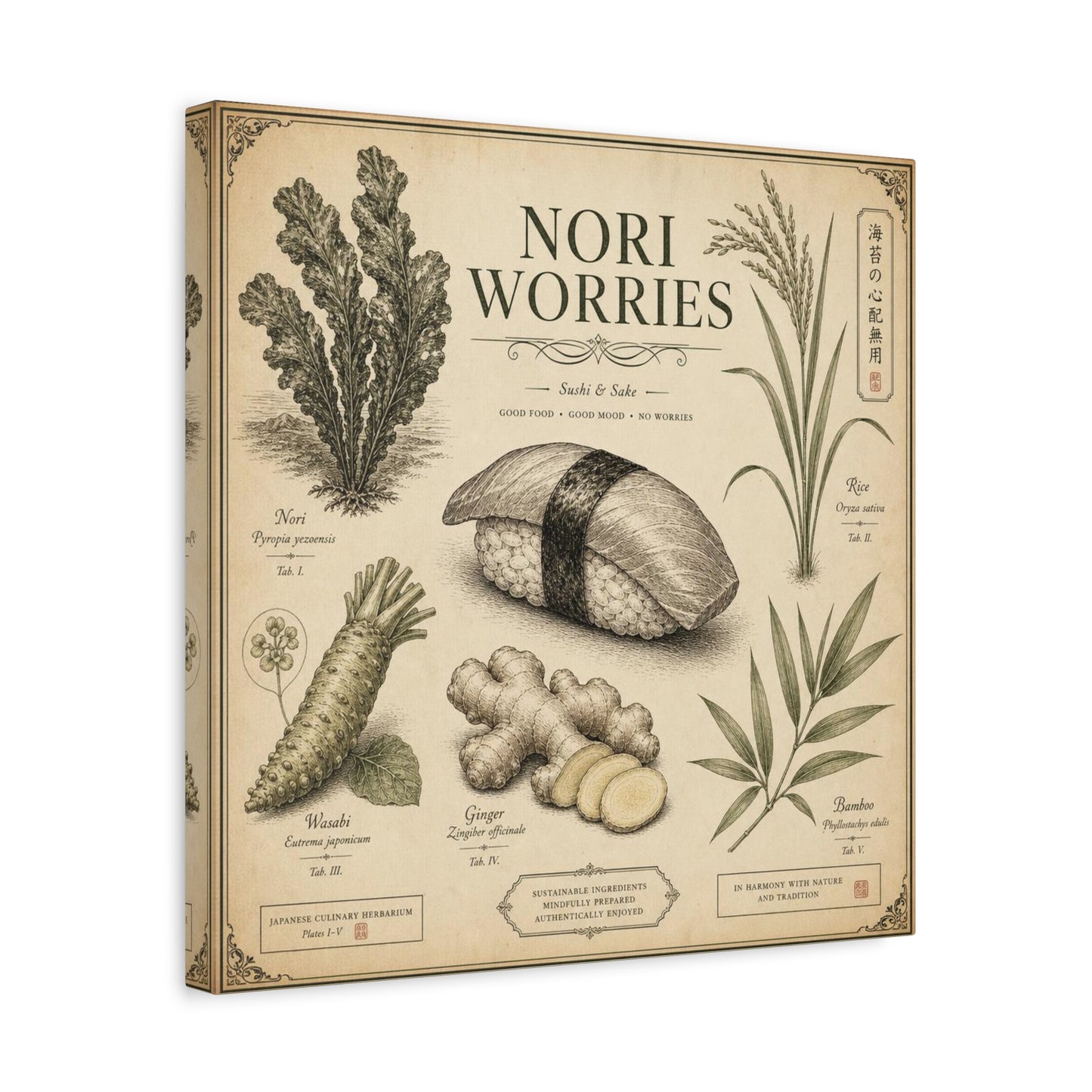 "Nori Worries" Sushi And Sake Canvas Wall Art - Vintage Japanese Culinary Herbarium Print, Rice Nori Wasabi Ginger Bamboo Illustration - Kitchen Wall Decor, Dining Room Accent - Modern Farmhouse Style