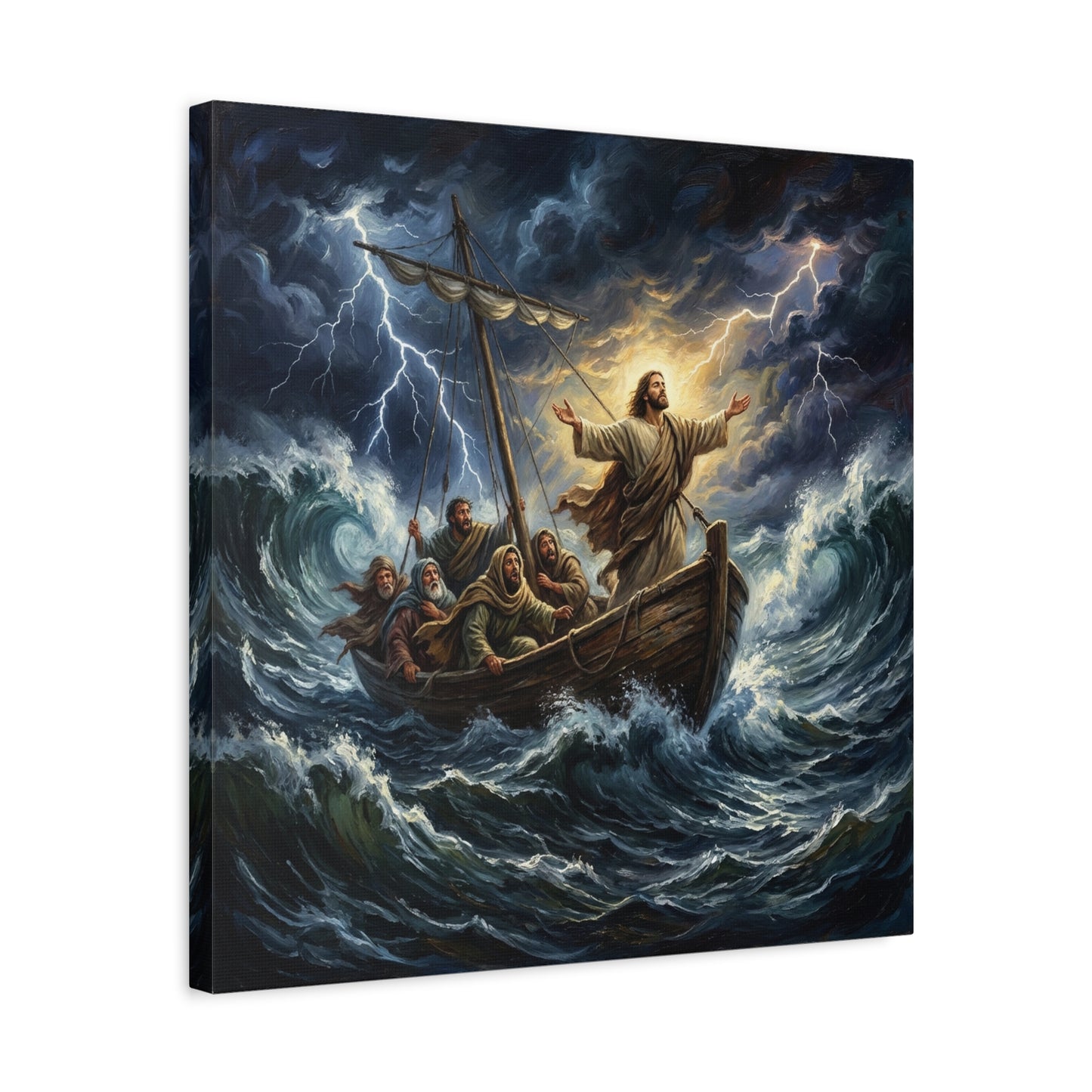Jesus Calming The Storm Canvas Wall Art - Bible Boat Sea Scene, Dramatic Lightning Waves - Cotton Matte Print - Traditional Religious Decor For Living Room Office Bedroom - Living Room Wall Decor