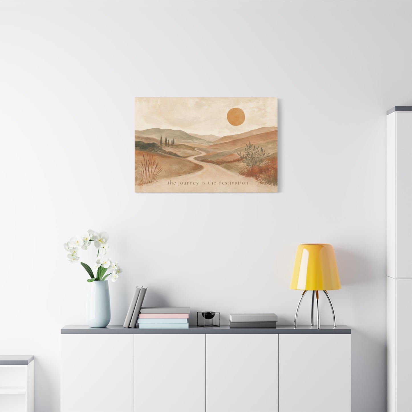 "The Journey Is The Destination" Landscape Canvas Wall Art - Desert Hills, Winding Path, Terracotta Sun - Minimalist Typography Print - Bedroom Wall Decor, Living Room Home Decoration - Ready to Hang