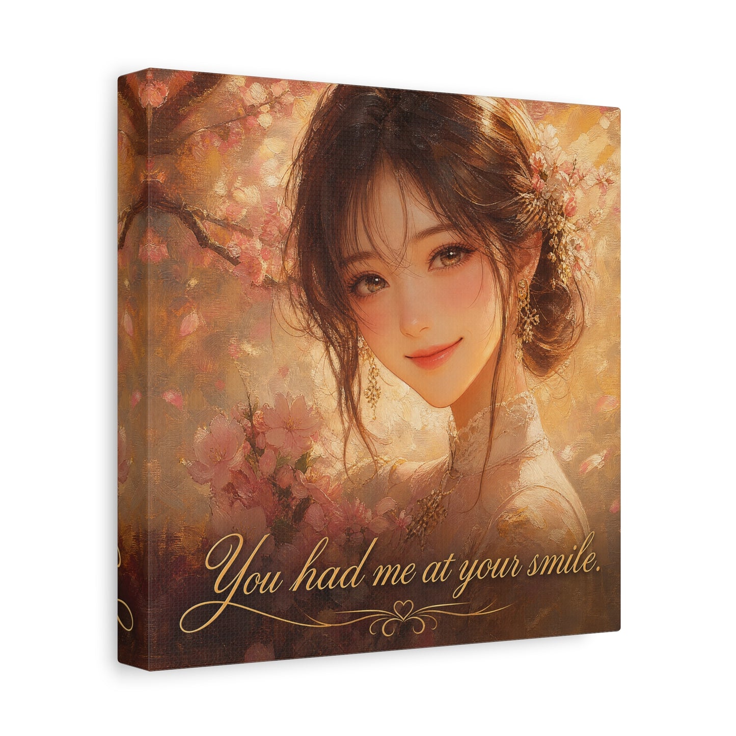 You Had Me At Your Smile Portrait Canvas Wall Art - Romantic Floral Woman Quote Print - Golden Blush Illustration - Traditional Style Living Room Decor - Ready to Hang - Living Room Wall Decor