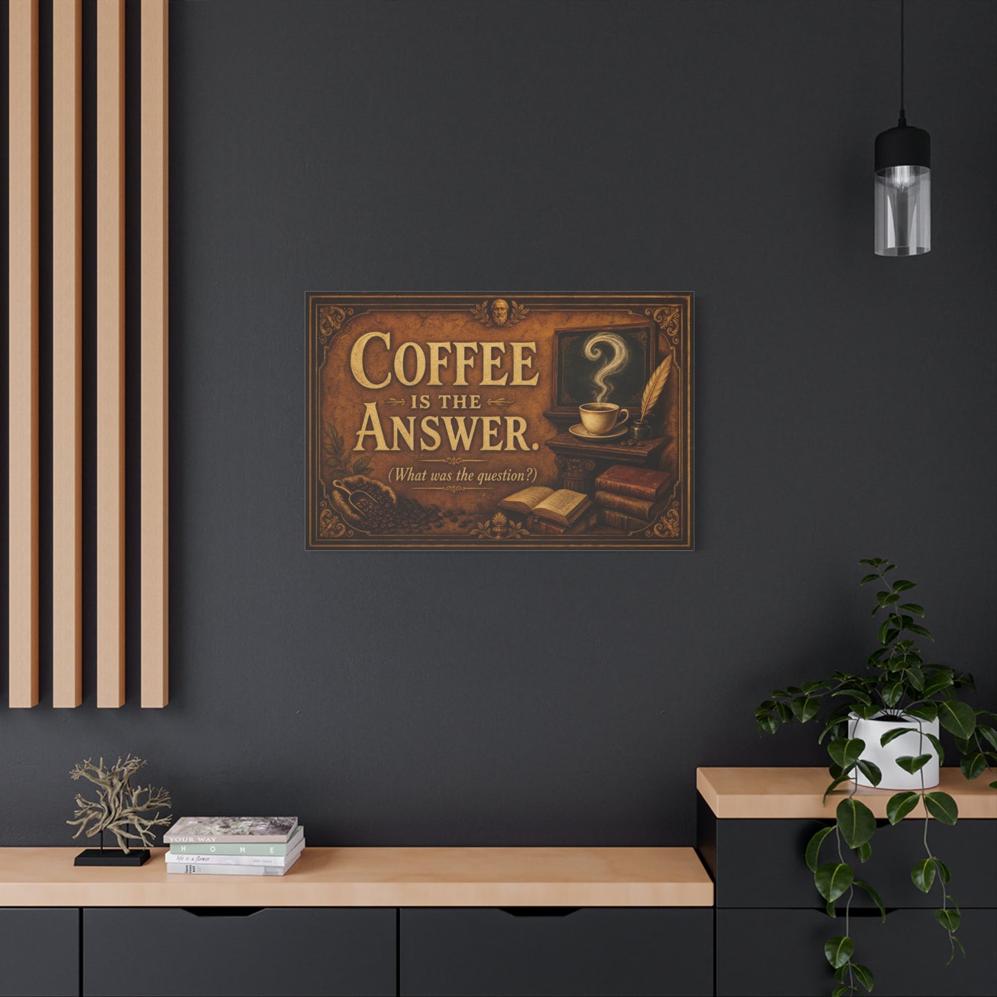 Coffee Is The Answer. What Was The Question Canvas Wall Art - Vintage Coffee Cup, Books, Bean Sack Decor - Rustic Typography Print - Cafe Interior, Study Room Decoration - Cafe Wall Art - Bistro Decor