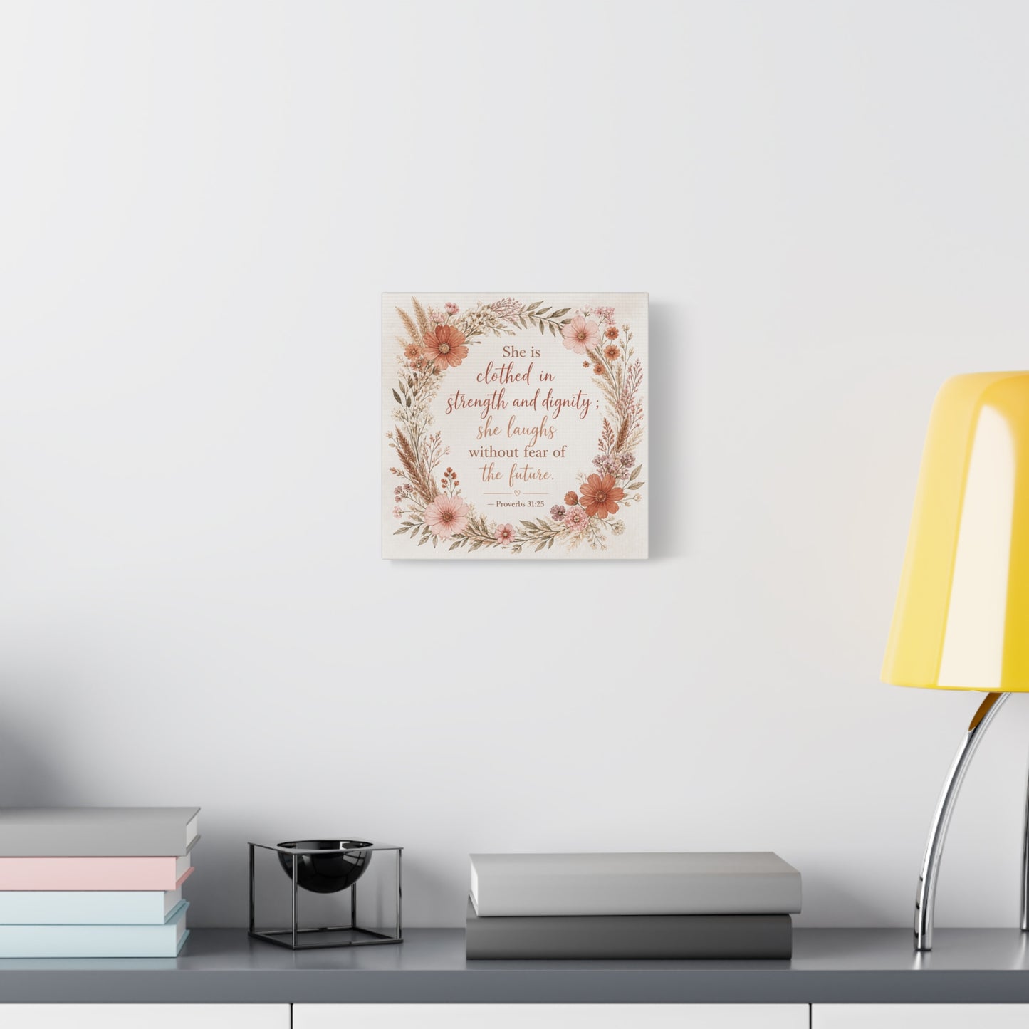 "She Is Clothed In Strength And Dignity" Floral Canvas Wall Art - Proverbs 31:25 Scripture Quote, Blush Wildflower Wreath, Farmhouse Style, Bedroom Wall Decor - Bedroom Home Decoration - Ready to Hang