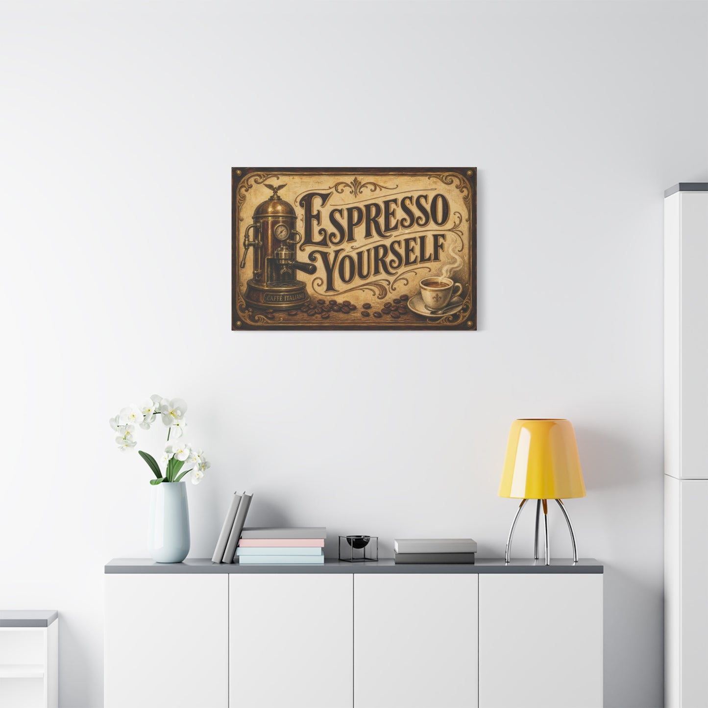 "Espresso Yourself" Coffee Canvas Wall Art - Vintage Espresso Machine, Cafe Decor - Matte Cotton Print, Rustic Farmhouse Style - Ready to Hang - Coffee Shop Decor - Cafe Wall Art - Matte Finish Print