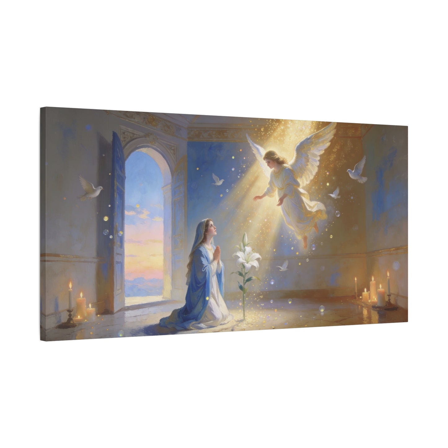 Virgin Mary Angel Canvas Wall Art - Annunciation Religious Print, White Lily, Doves, Golden Light - Traditional Matte Canvas - Bedroom Christian Wall Decor, Meditation Space - Bedroom Home Decoration